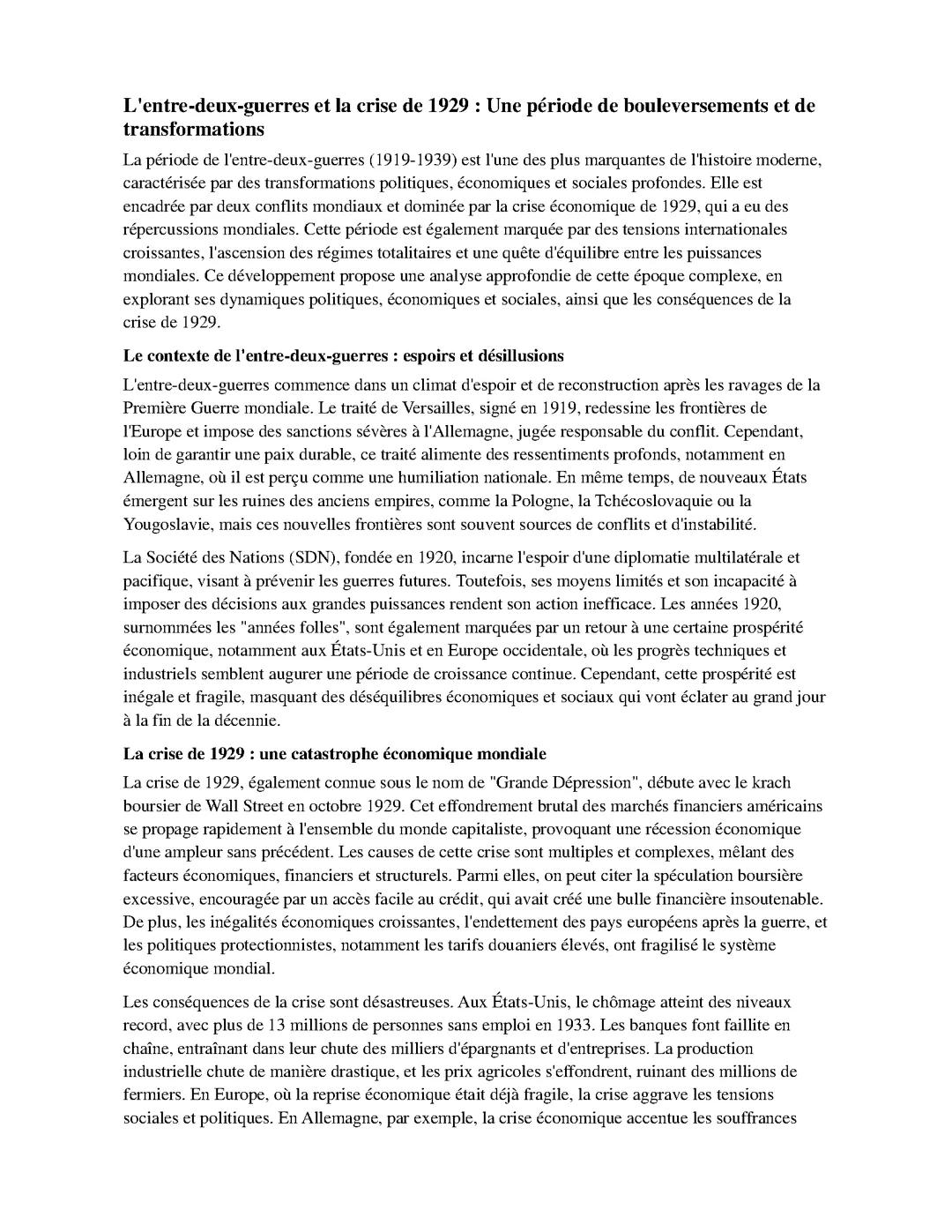 L'entre deux guerres et la crise de 1929