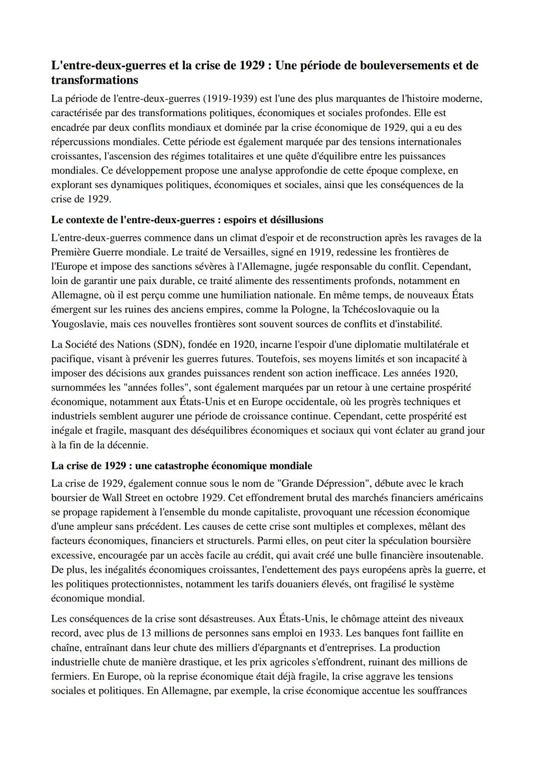 L'entre-deux-guerres et la crise de 1929: Une période de bouleversements et de
transformations
La période de l'entre-deux-guerres (1919-1939