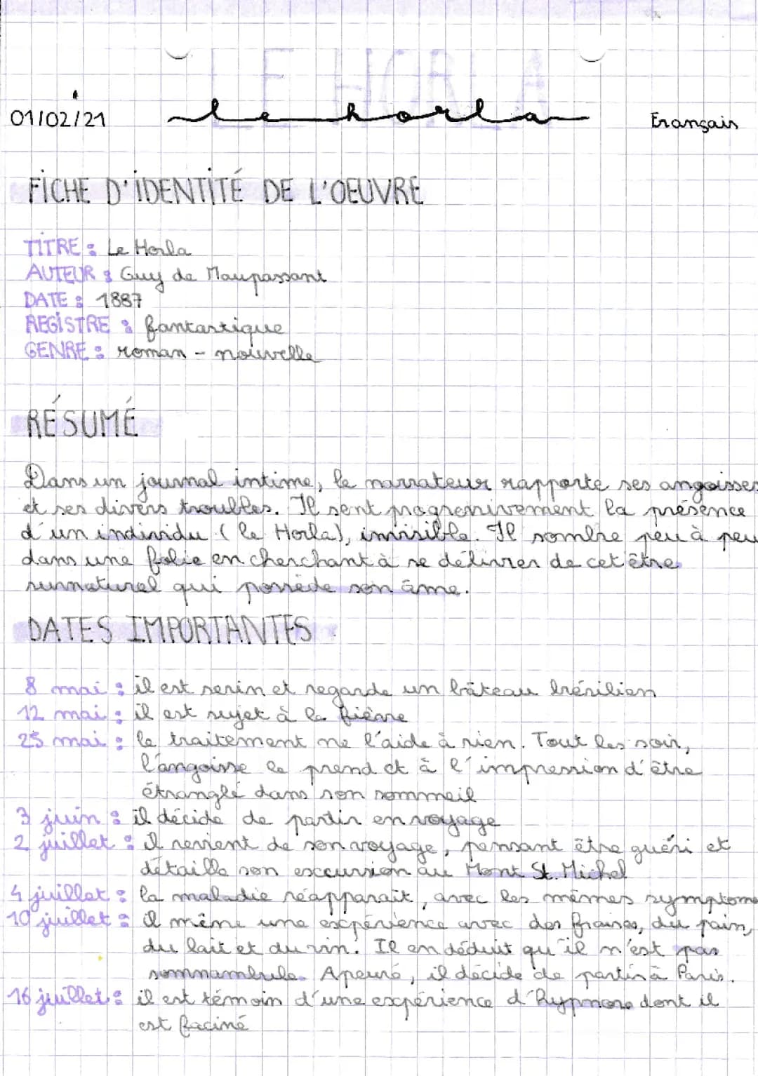 Le Horla : Résumé, Analyse et Questionnaire Corrigé 4ème PDF