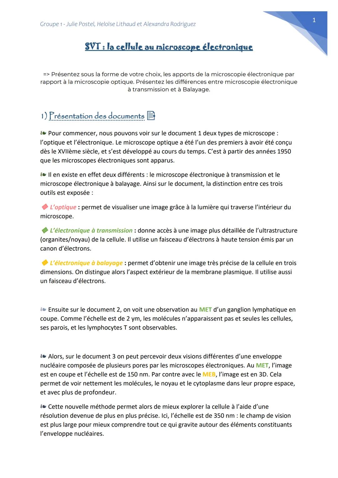 Groupe 1-Julie Postel, Heloïse Lithaud et Alexandra Rodriguez
SVT: la cellule au microscope électronique
=> Présentez sous la forme de votre