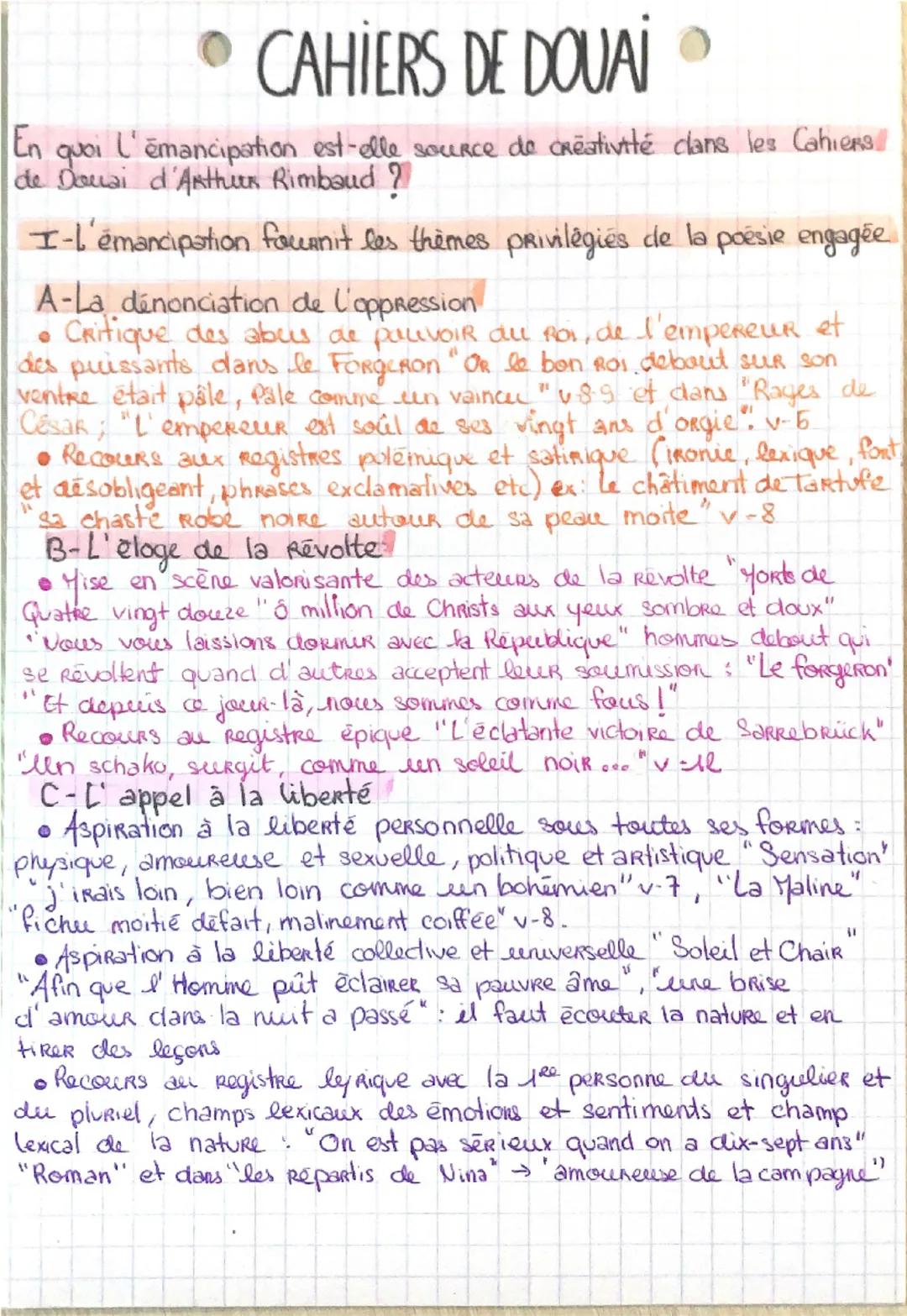 • CAHIERS DE DOUAI
En quoi l'emancipation est-elle source de créativité clans les Cahiers
de Douai d'Arthurs Rimbaud ?
I-L'émancipation four