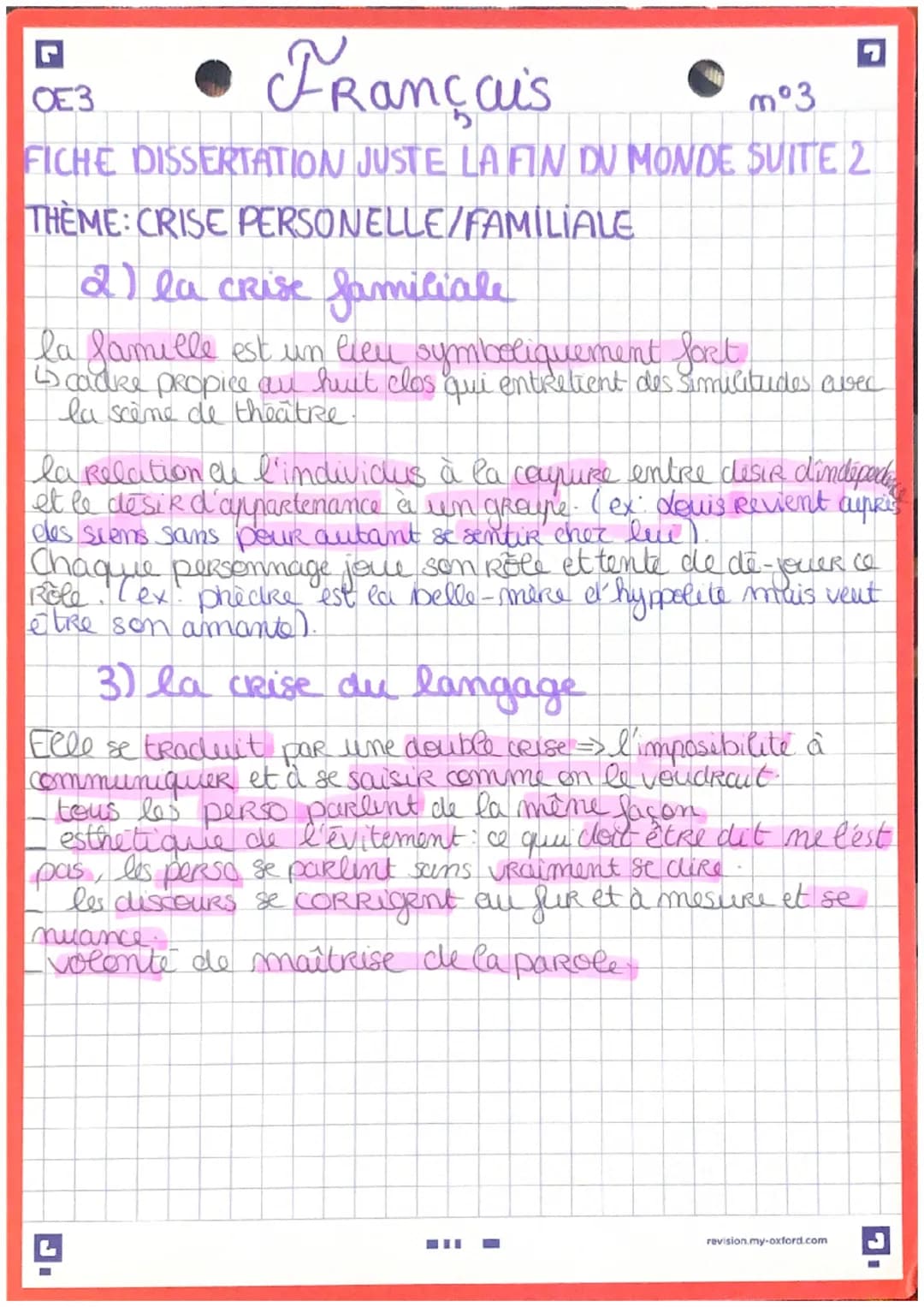Français
OE3
mº1
FICHE DISSERTATION JUSTE LA FIN DU MONDE
THEME: CRISE PERSONNELLE / FAMILIALE
introduction."
auteur: Jean-duc dagarce
date 