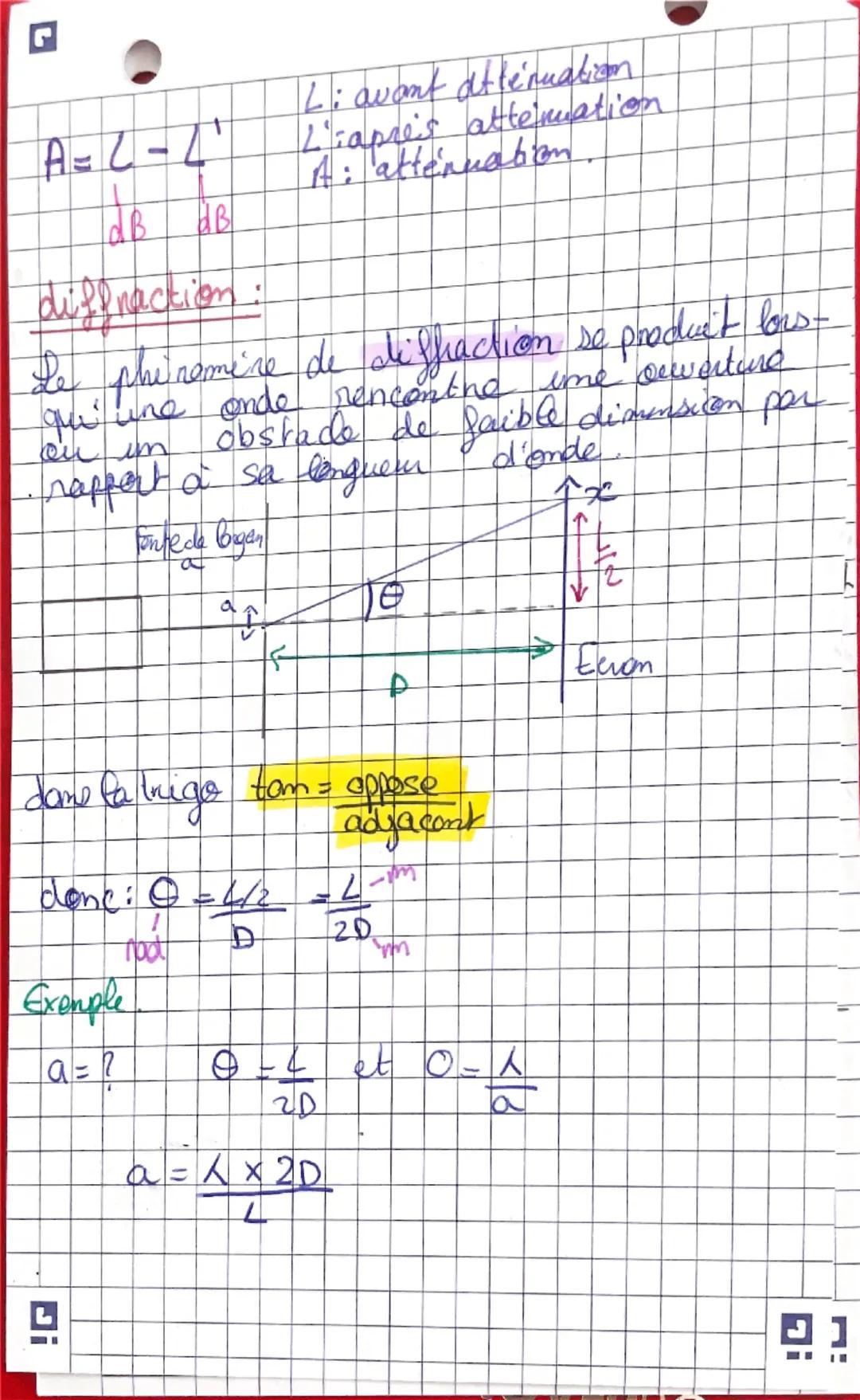 # PHYSIQUE Chap1

Intensité Sonore.

$I = \frac{P}{A}$

P : puissance reçue en watt/W
A : aire ($m^2$)
I : intensité sonore ($W.m^{-2}$)

la