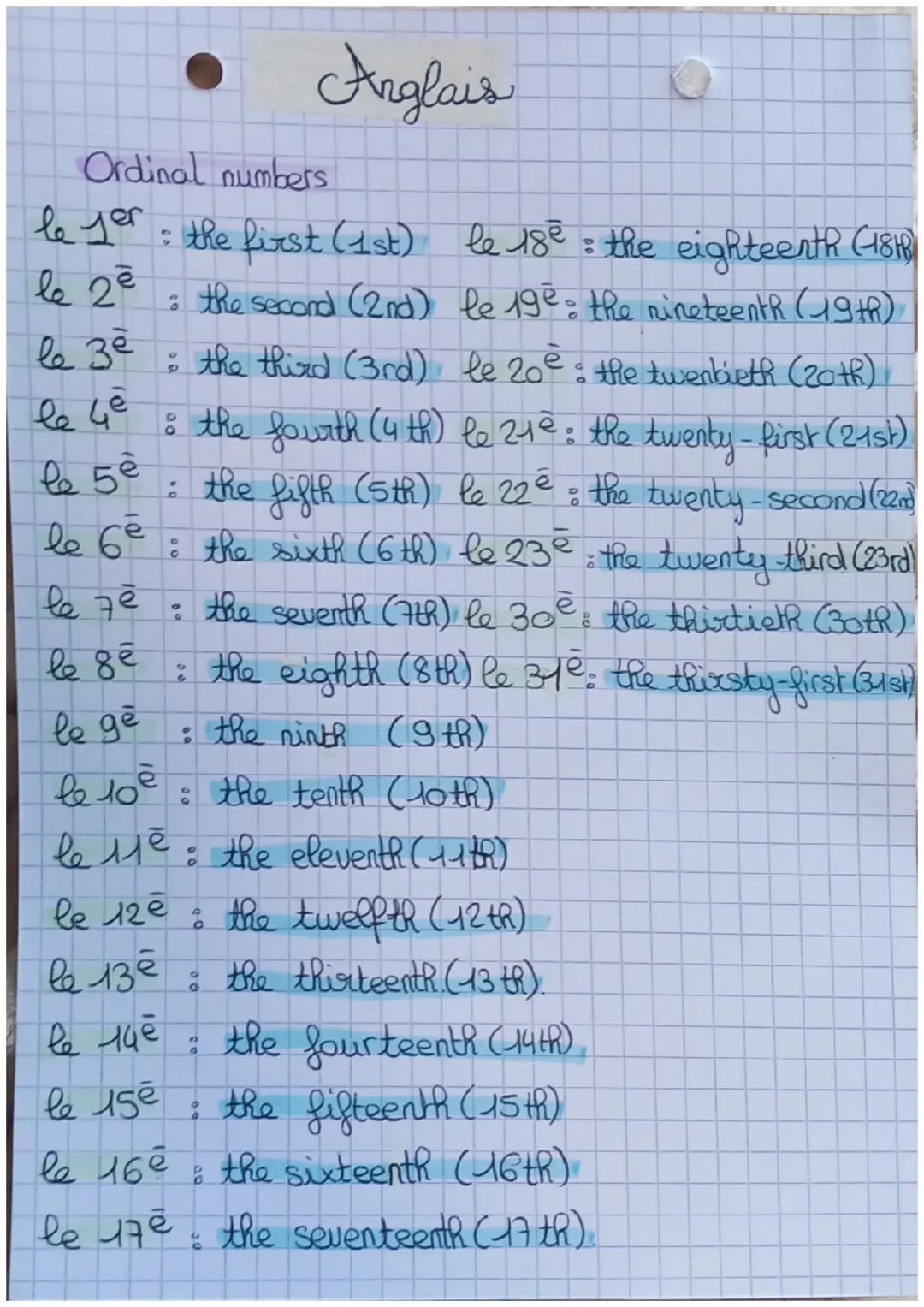 Ordinal numbers
Anglais
le yer: the first (1st)
le 18: the eighteenth (ISH)
le 2ē
: the second (2nd) le 19e the nineteenth (19th).
le 3°: th