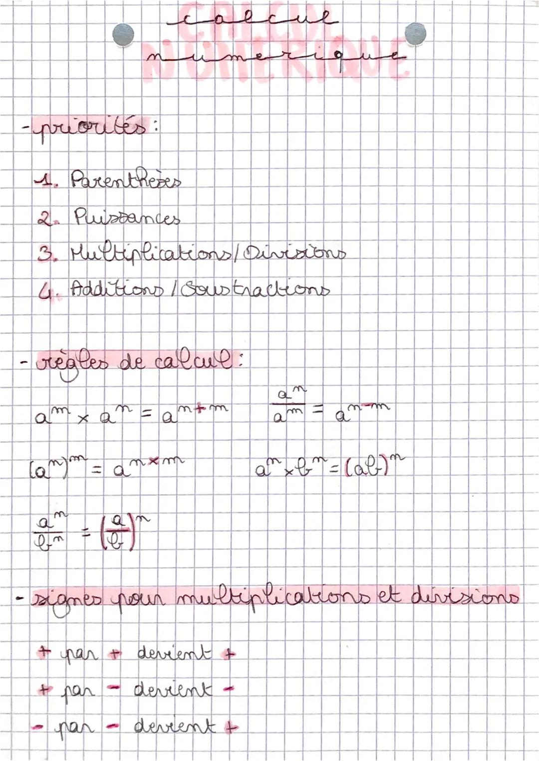 mi
-priorités:
1. Parentheses
2. Puissances.
3. Multiplications / Divisions
4. Additions / Soustractions
- regles de calcul:
ха
Comm
a
Im
m
