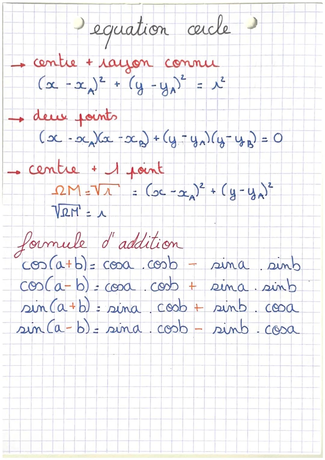 1
)
equation cercle >
centie + rayon connu
(x -x₂)² + (y-y₂₁)² = ₁²
dew joints
(x-x₂)x-x₂) + (y - y₁)(y-y₂) = 0
centre + 1 point
I
ΩΜη
VRM² 