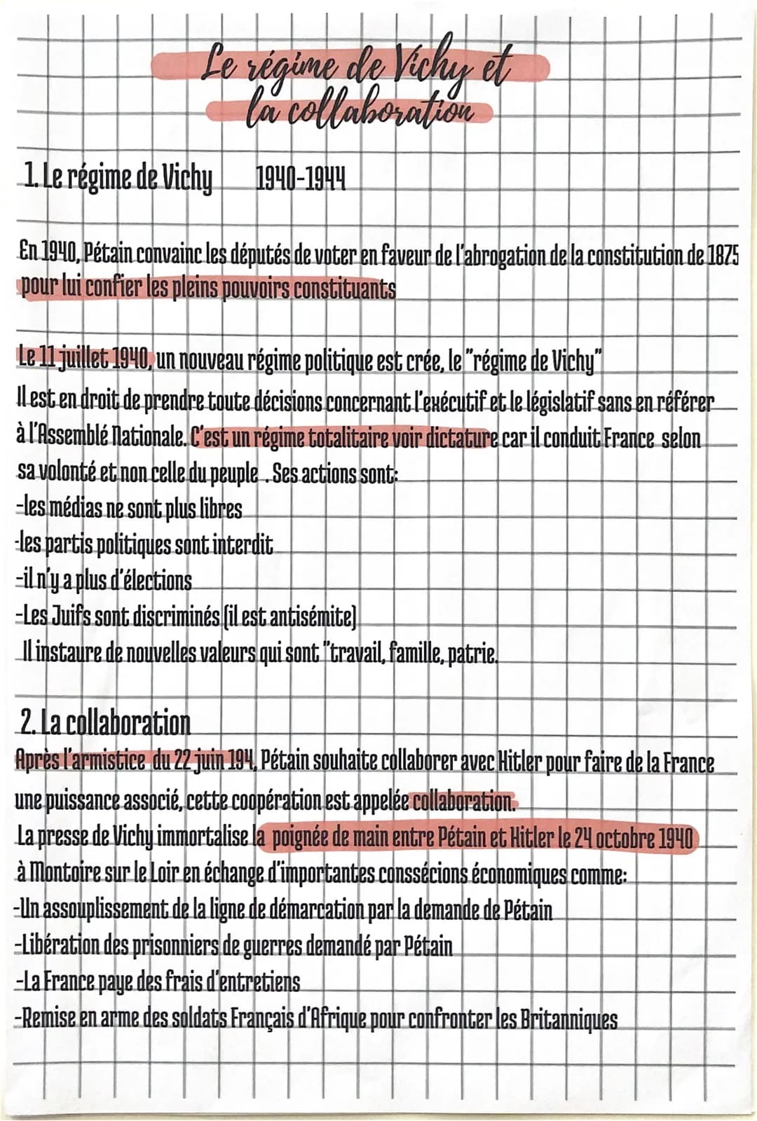 Le régime de Vichy et
la collaboration
1. Le régime de Vichy
1940-1944
En 1940, Pétain convainc les députés de voter en faveur de l'abrogati