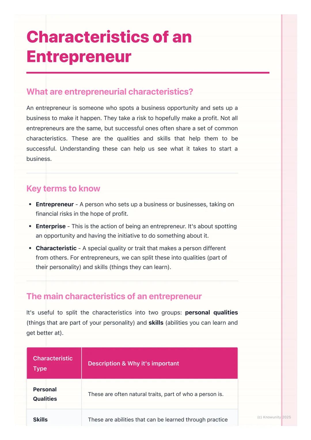 # Characteristics of an
Entrepreneur

What are entrepreneurial characteristics?

An entrepreneur is someone who spots a business opportunity