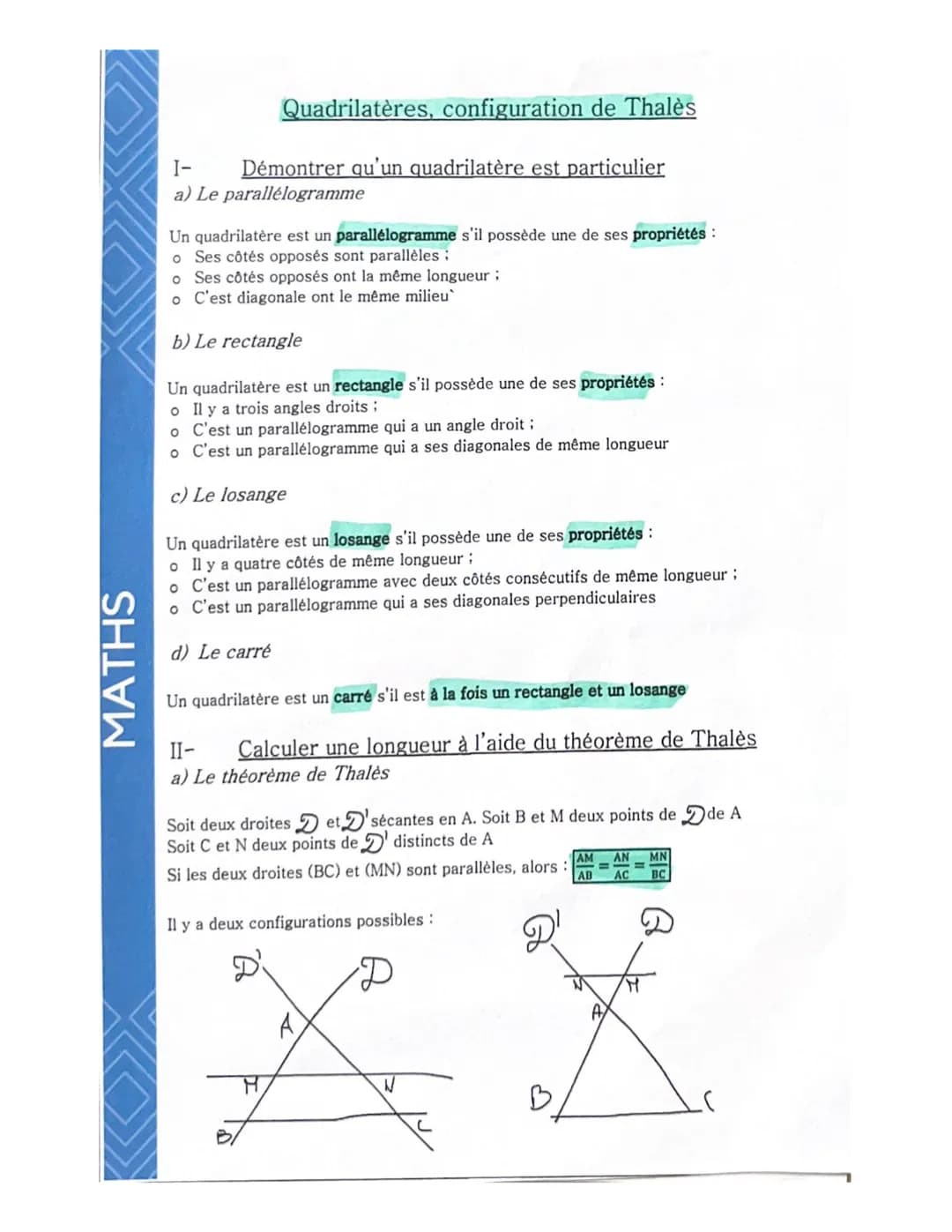 MATHS
Quadrilatères, configuration de Thalès
I-
Démontrer qu'un quadrilatère est particulier
a) Le parallelogramme
Un quadrilatère est un pa