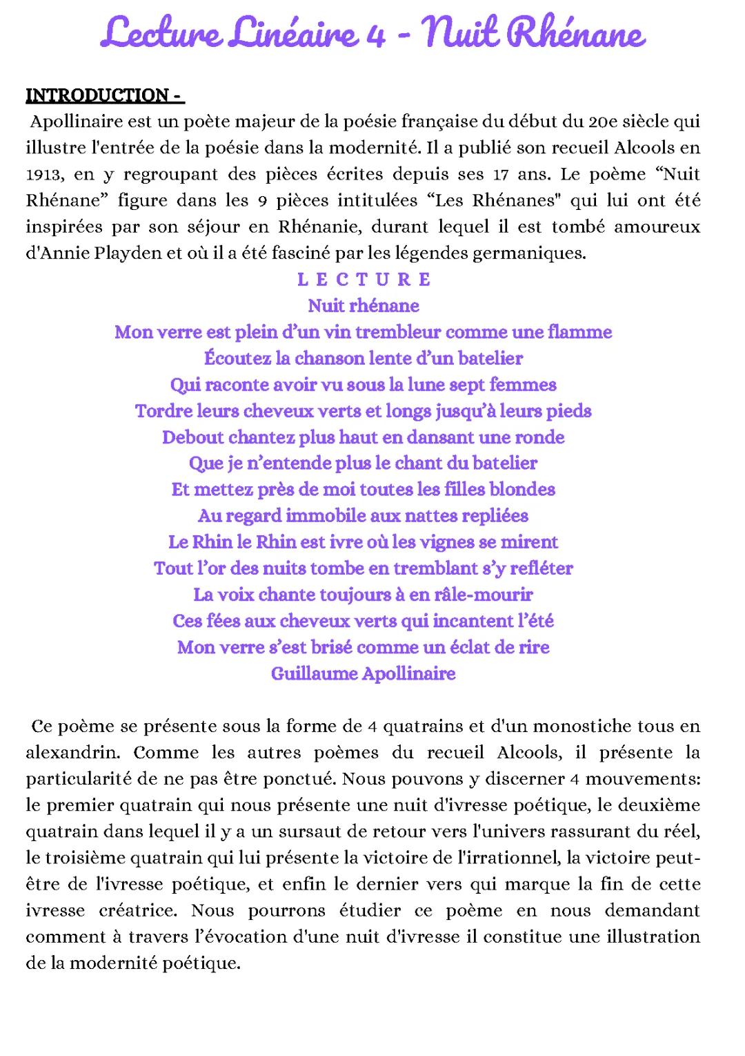 Analyse de Nuit Rhénane par Apollinaire - Avec PDF et Problématique