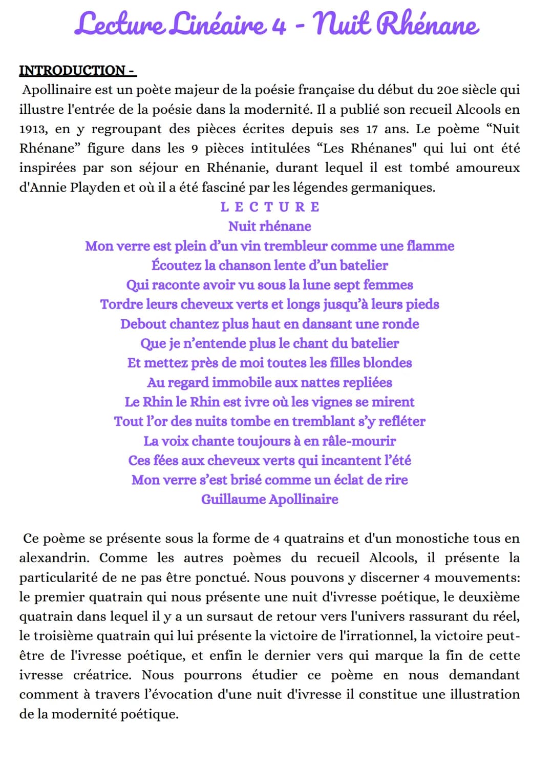 Lecture Linéaire 4 - Nuit Rhénane
INTRODUCTION -
Apollinaire est un poète majeur de la poésie française du début du 20e siècle qui
illustre 