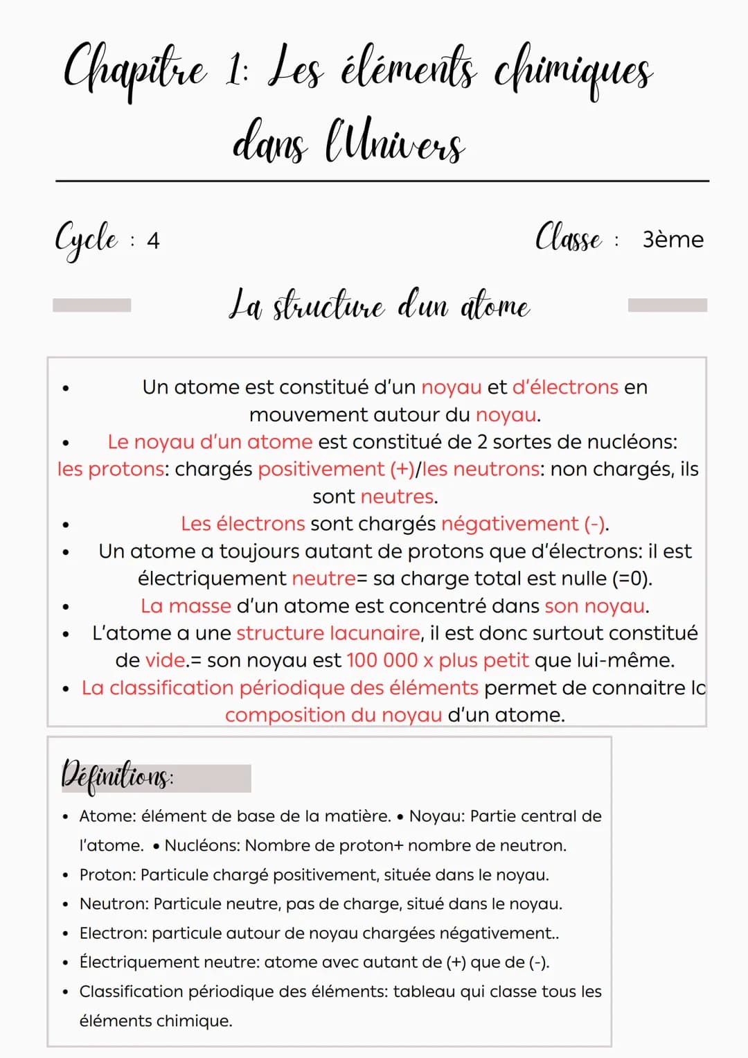 Chapitre 1: Les éléments chimiques
dans Univers
Cycle : 4
La structure dun atome
:
Classe 3ème
•
Un atome est constitué d'un noyau et d'élec