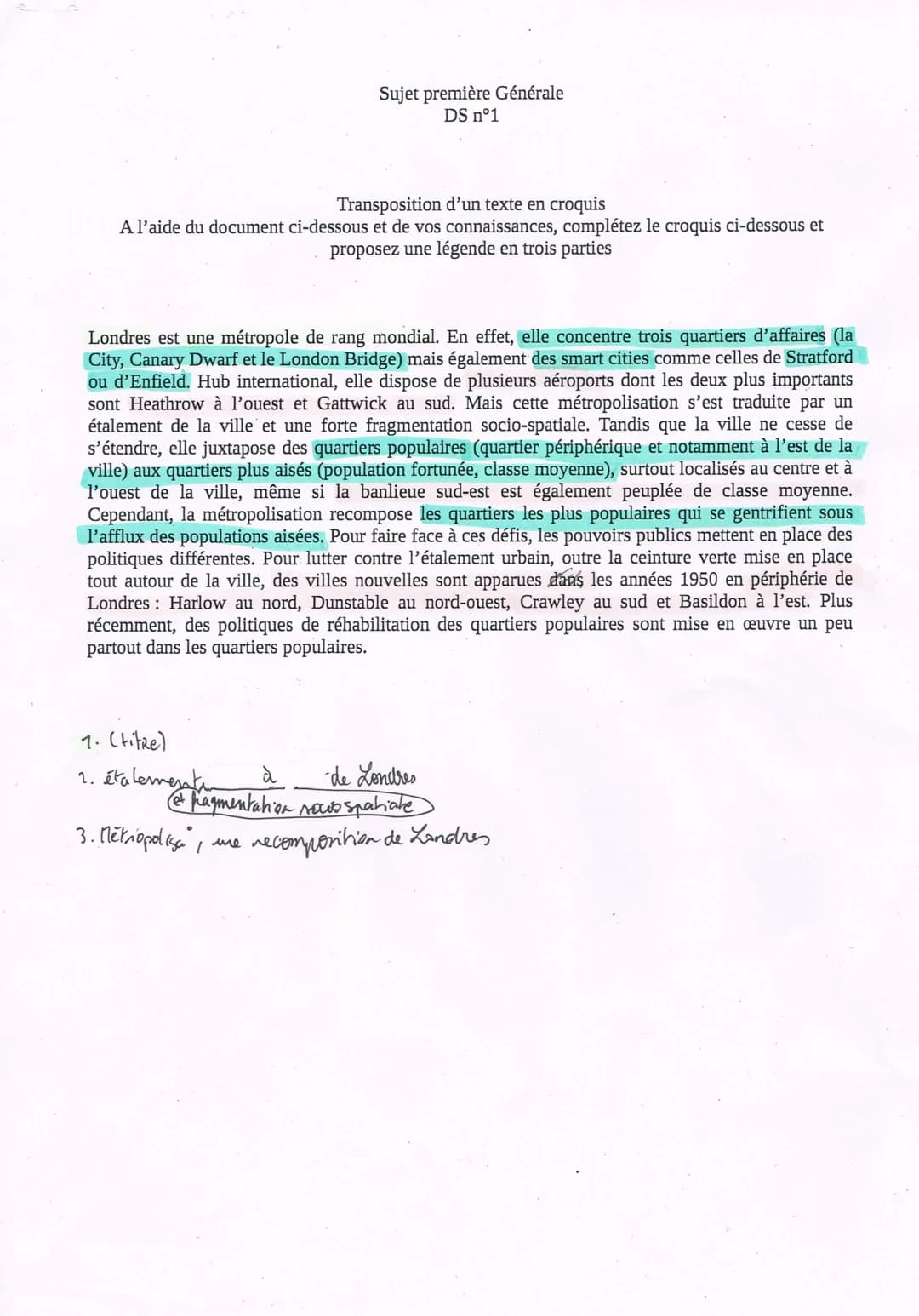 Sujet première Générale
DS n°1
Transposition d'un texte en croquis
A l'aide du document ci-dessous et de vos connaissances, complétez le cro