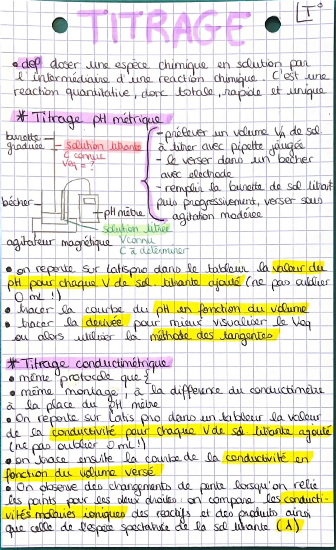 • TITRAGE
• def doser une espèce chimique en solution par
I intermédiaire d'une reaction chimique. C'est une
reaction quantitative, donc tot