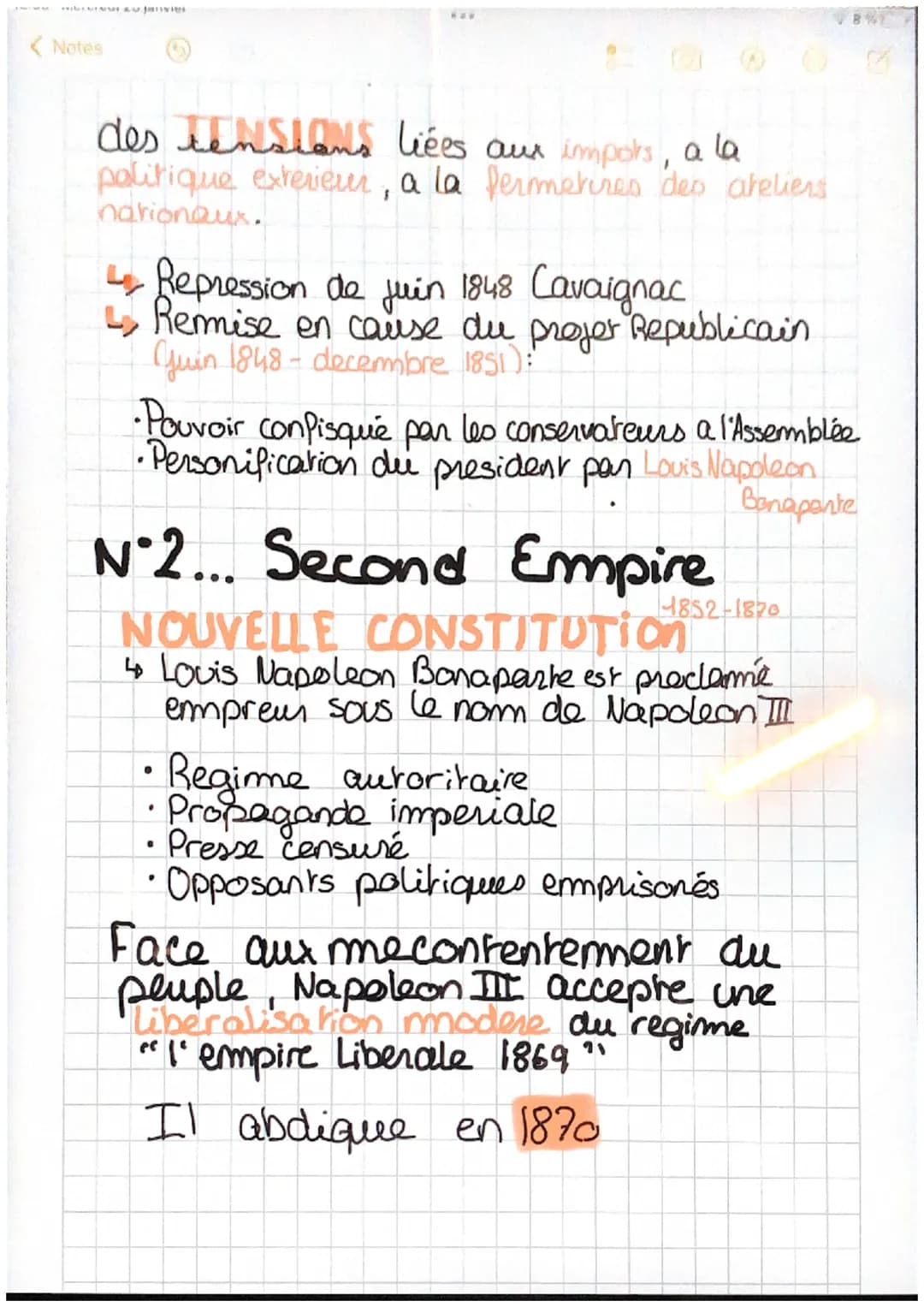 18:35 Mercredi 25 janvier
< Notes
LA DIFFICILE
iffici
da
ENTREE DONS FACE
DEMOCRATIONE
Nºt... la deuxieme republique
(1848-4852)
→ Revolutio