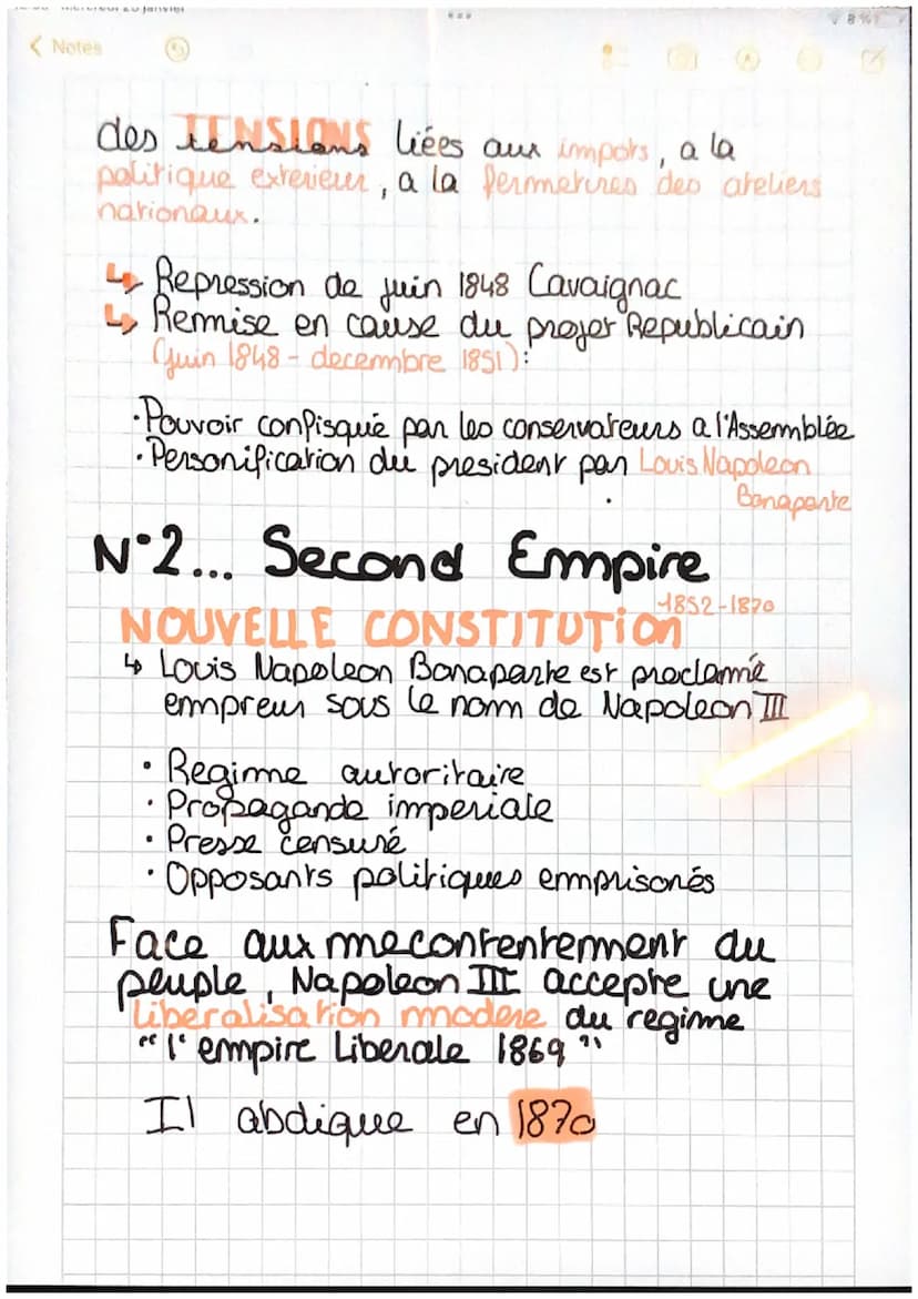18:35 Mercredi 25 janvier
< Notes
LA DIFFICILE
iffici
da
ENTREE DONS FACE
DEMOCRATIONE
Nºt... la deuxieme republique
(1848-4852)
→ Revolutio