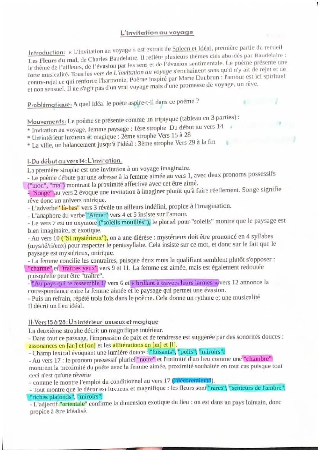 Analyse linéaire de l'Invitation au voyage de Baudelaire
