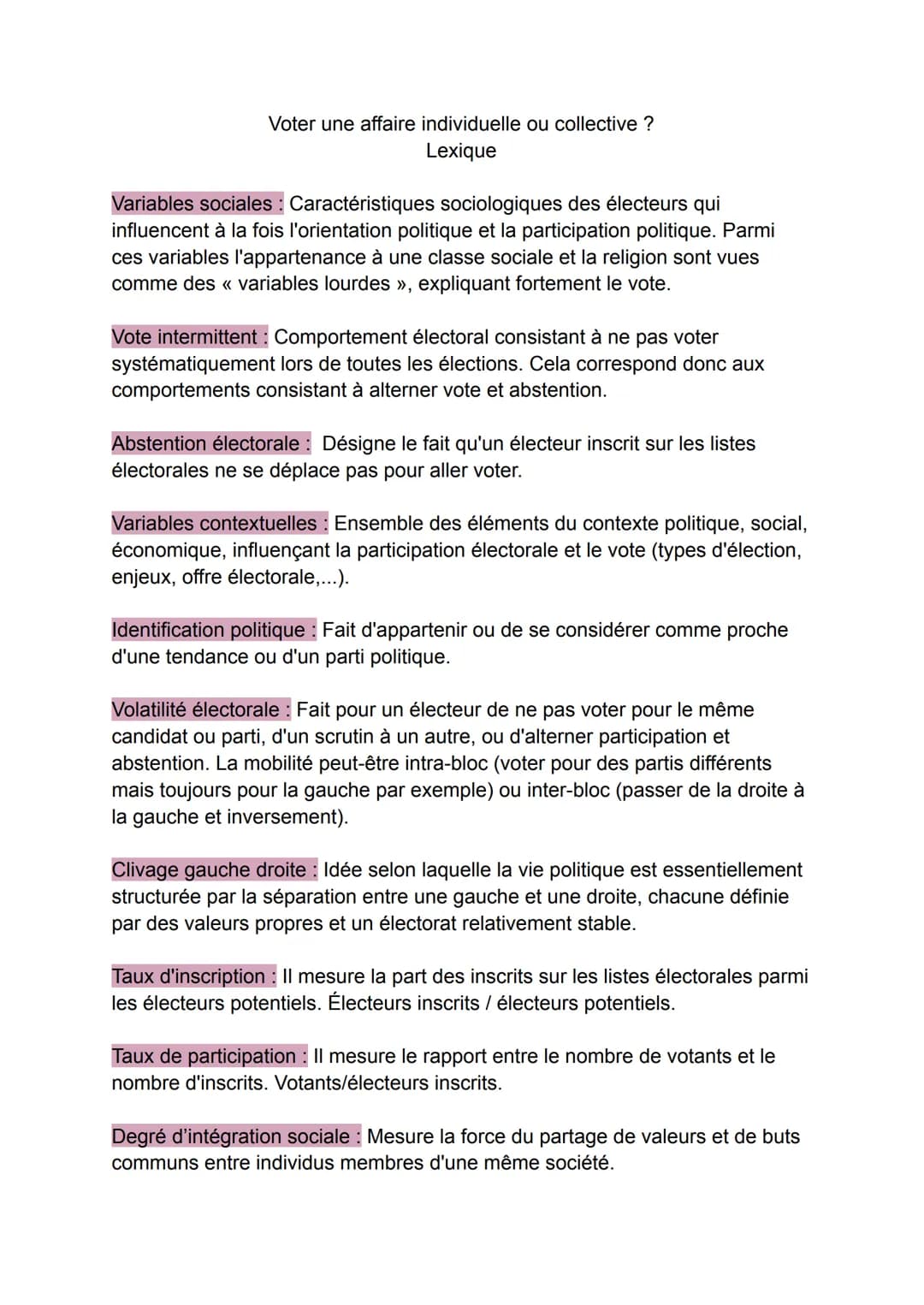 Voter une affaire individuelle ou collective ?
Lexique
Variables sociales: Caractéristiques sociologiques des électeurs qui
influencent à la