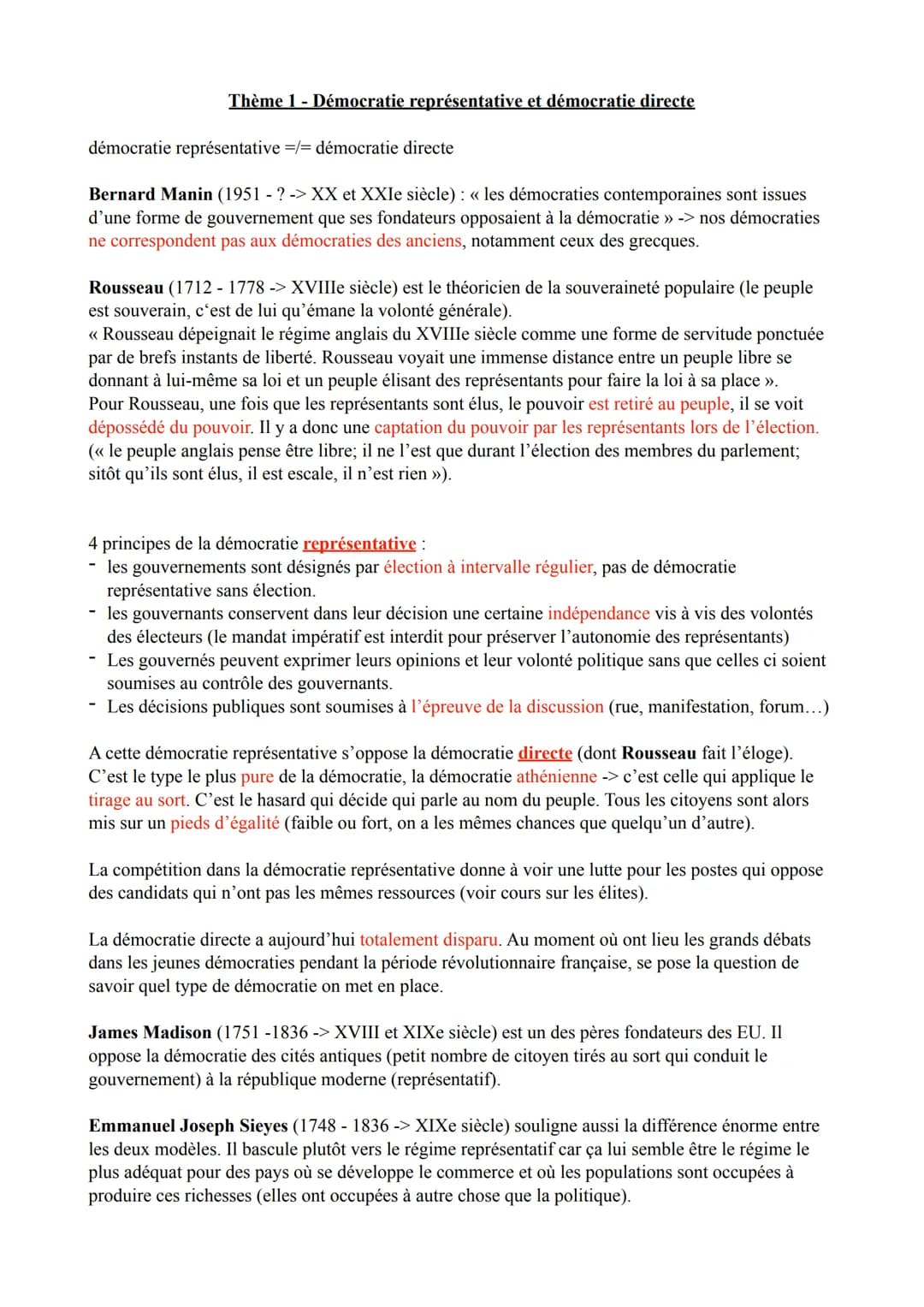 Thème 1 - Démocratie représentative et démocratie directe
démocratie représentative =/= démocratie directe
Bernard Manin (1951 - ?-> XX et X