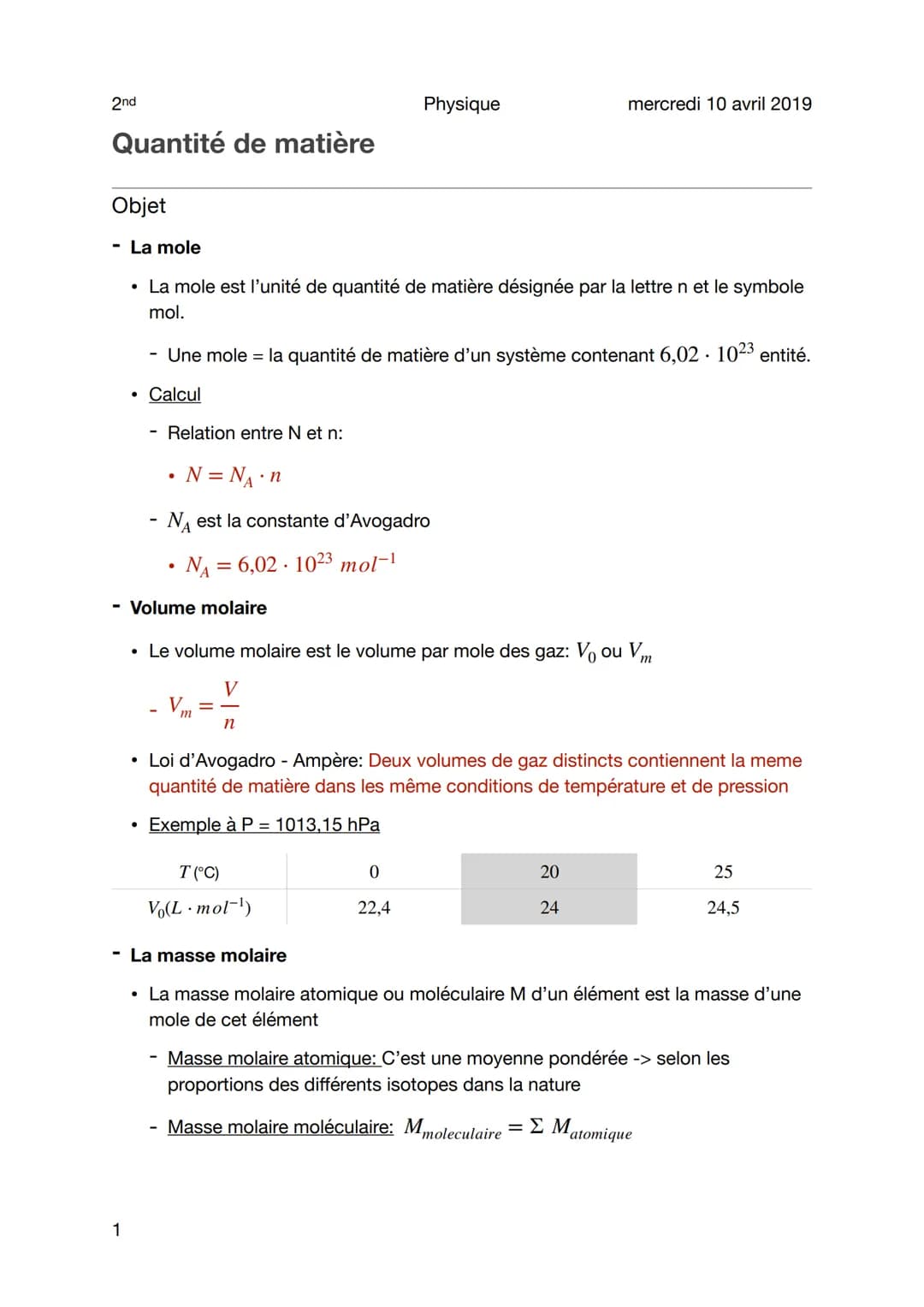 2nd
Quantité de matière
1
Objet
- La mole
• La mole est l'unité de quantité de matière désignée par la lettre n et le symbole
mol.
Une mole 