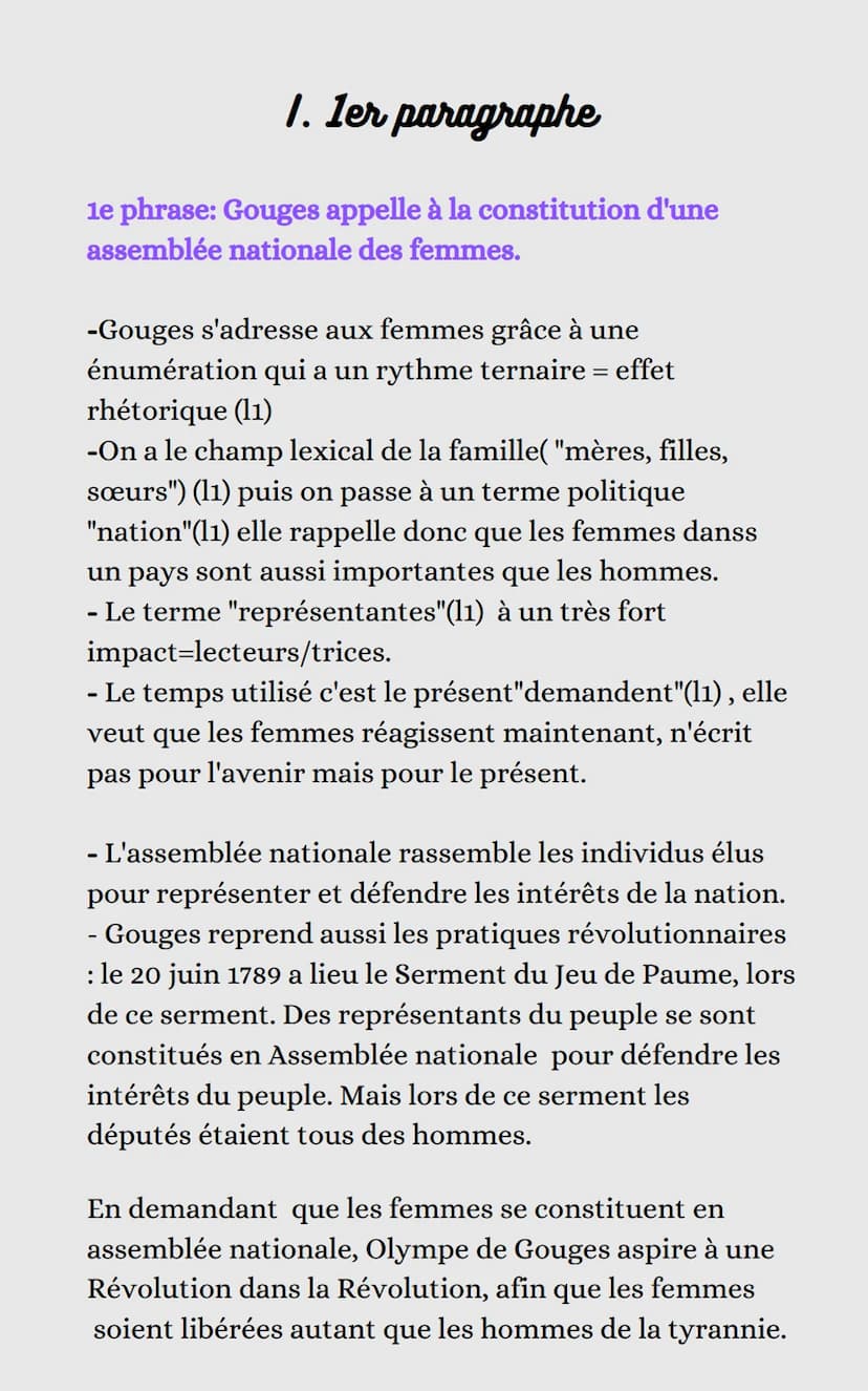 Parcours: Ecrire et combattre pour l'égalité
Explication linéaire (texte n°2)
La DDFC Olympe de Gouges,
Préambule + 2 articles
Situation/Int