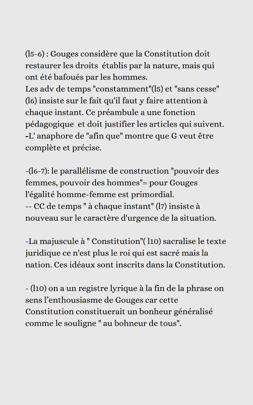 Parcours: Ecrire et combattre pour l'égalité
Explication linéaire (texte n°2)
La DDFC Olympe de Gouges,
Préambule + 2 articles
Situation/Int