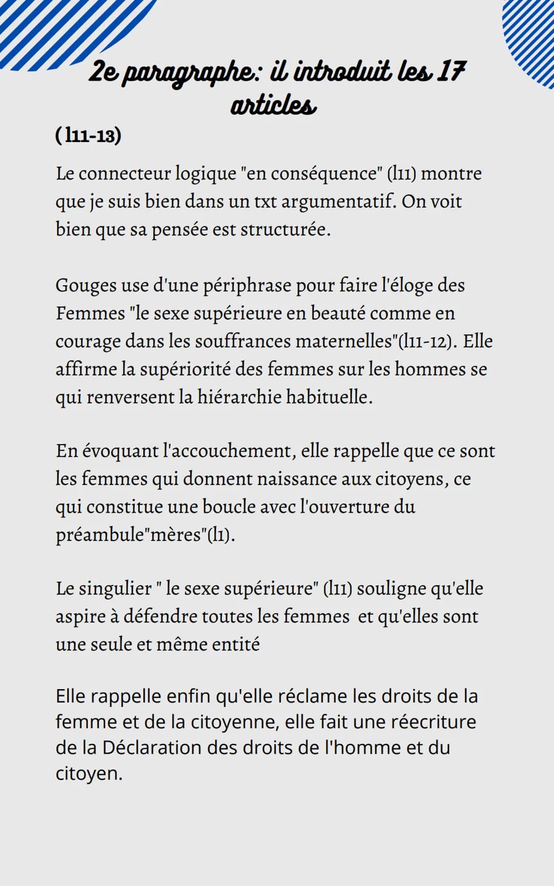 Parcours: Ecrire et combattre pour l'égalité
Explication linéaire (texte n°2)
La DDFC Olympe de Gouges,
Préambule + 2 articles
Situation/Int