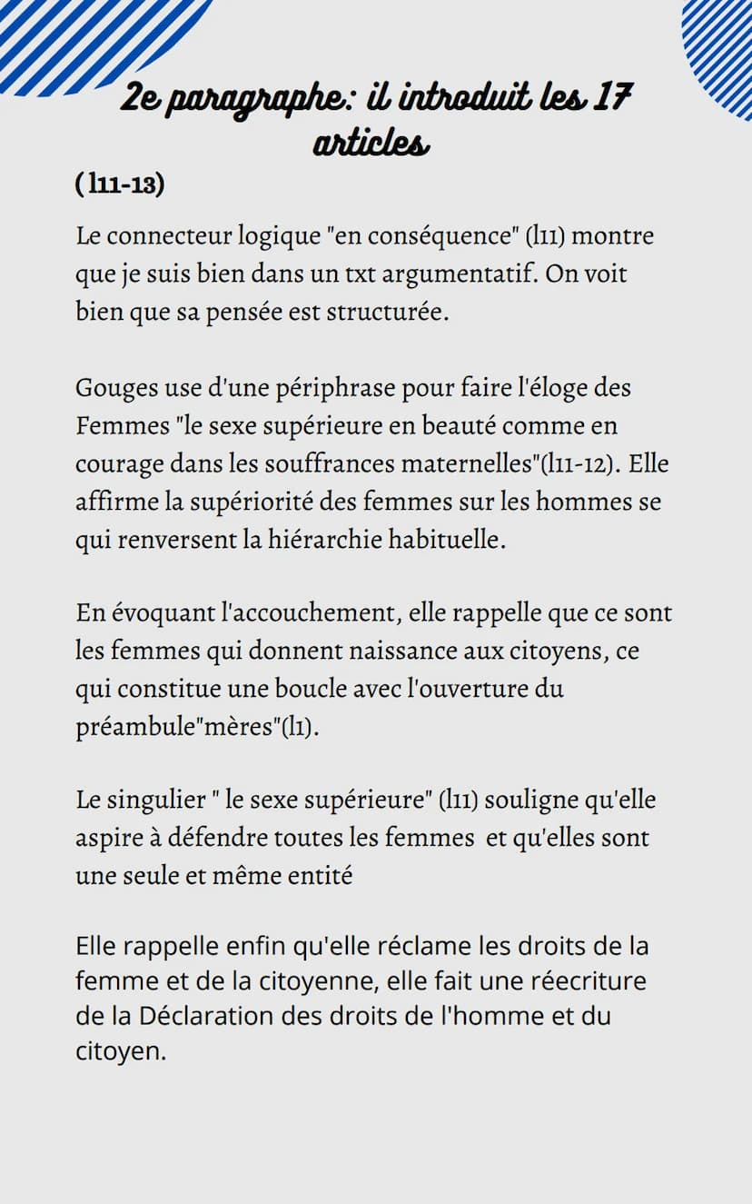 Parcours: Ecrire et combattre pour l'égalité
Explication linéaire (texte n°2)
La DDFC Olympe de Gouges,
Préambule + 2 articles
Situation/Int