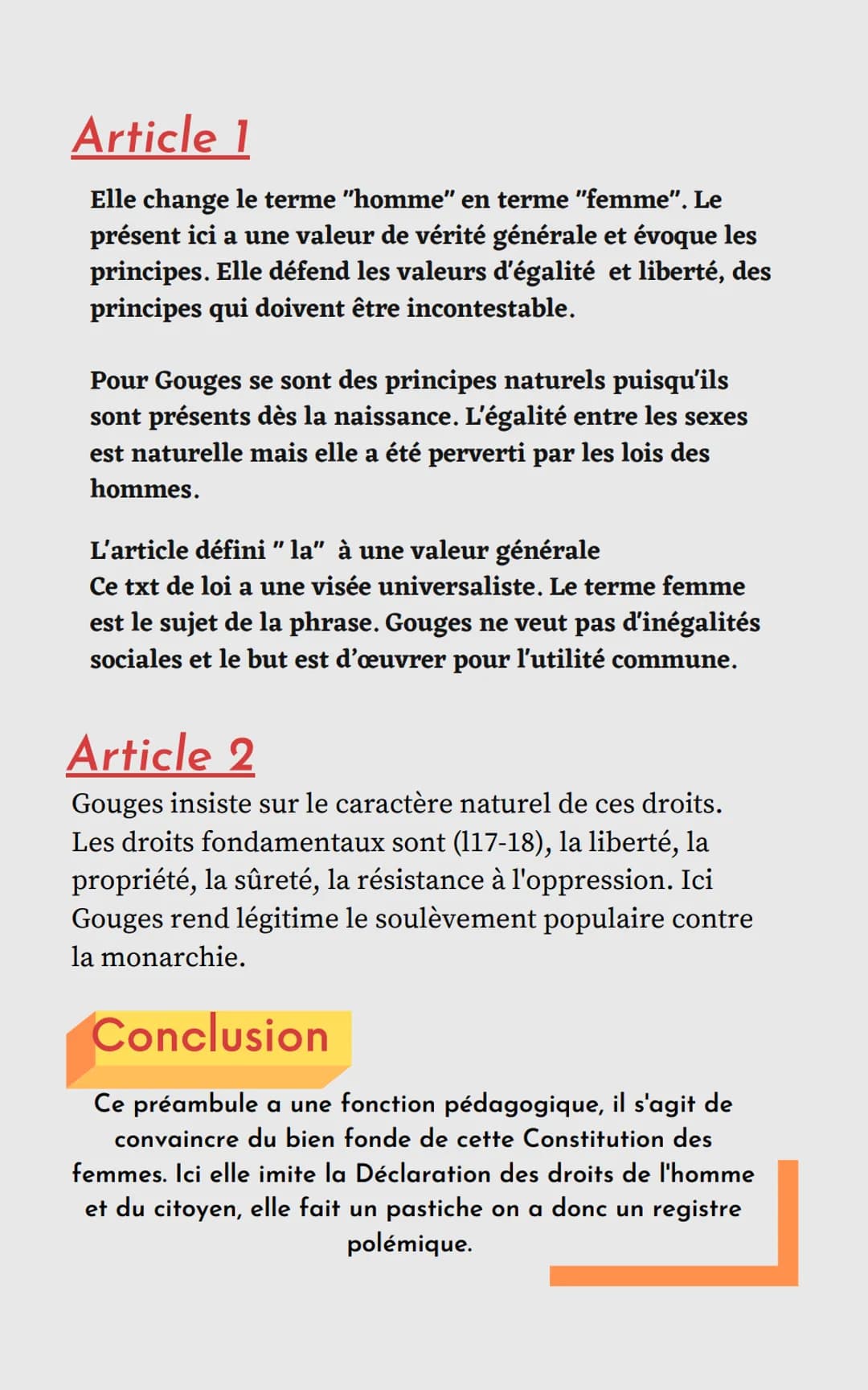 Parcours: Ecrire et combattre pour l'égalité
Explication linéaire (texte n°2)
La DDFC Olympe de Gouges,
Préambule + 2 articles
Situation/Int