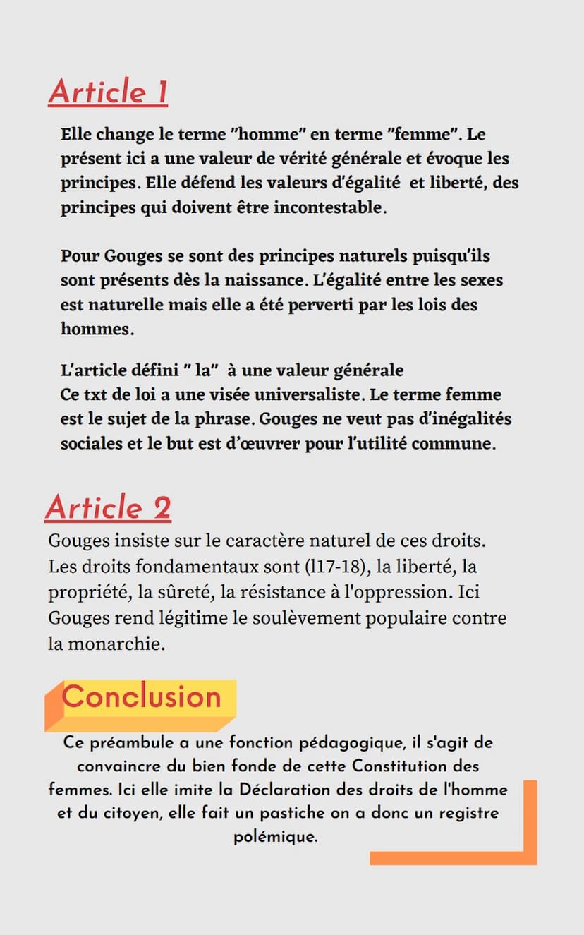 Parcours: Ecrire et combattre pour l'égalité
Explication linéaire (texte n°2)
La DDFC Olympe de Gouges,
Préambule + 2 articles
Situation/Int