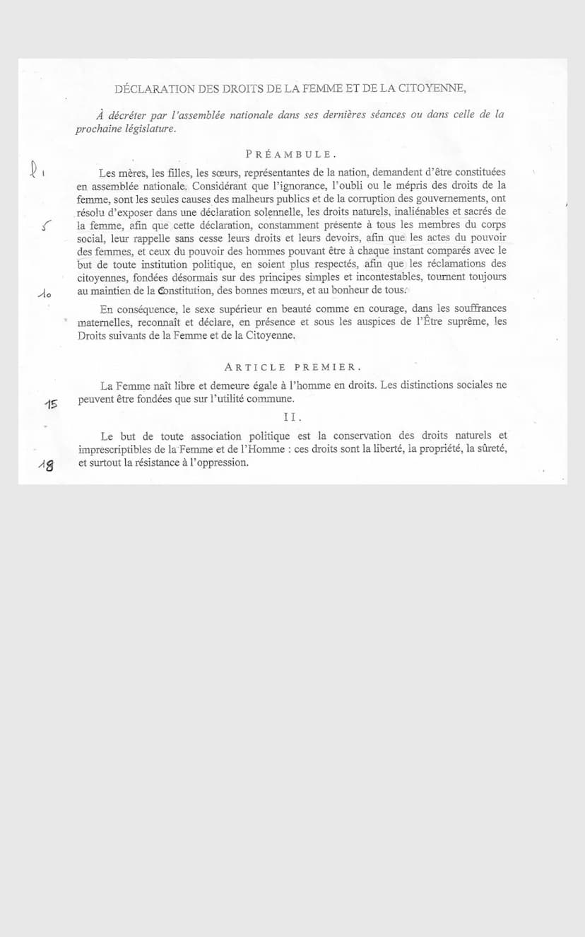Parcours: Ecrire et combattre pour l'égalité
Explication linéaire (texte n°2)
La DDFC Olympe de Gouges,
Préambule + 2 articles
Situation/Int