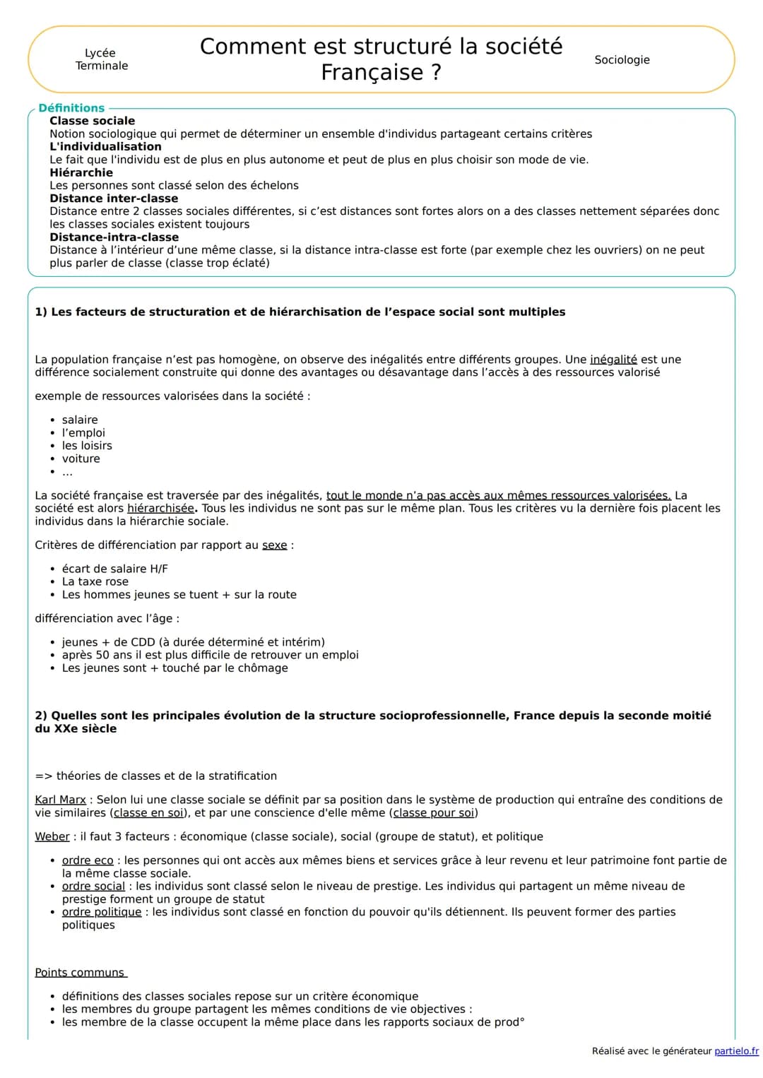 Lycée
Terminale
Définitions
Comment est structuré la société
Française ?
Classe sociale
Notion sociologique qui permet de déterminer un ense