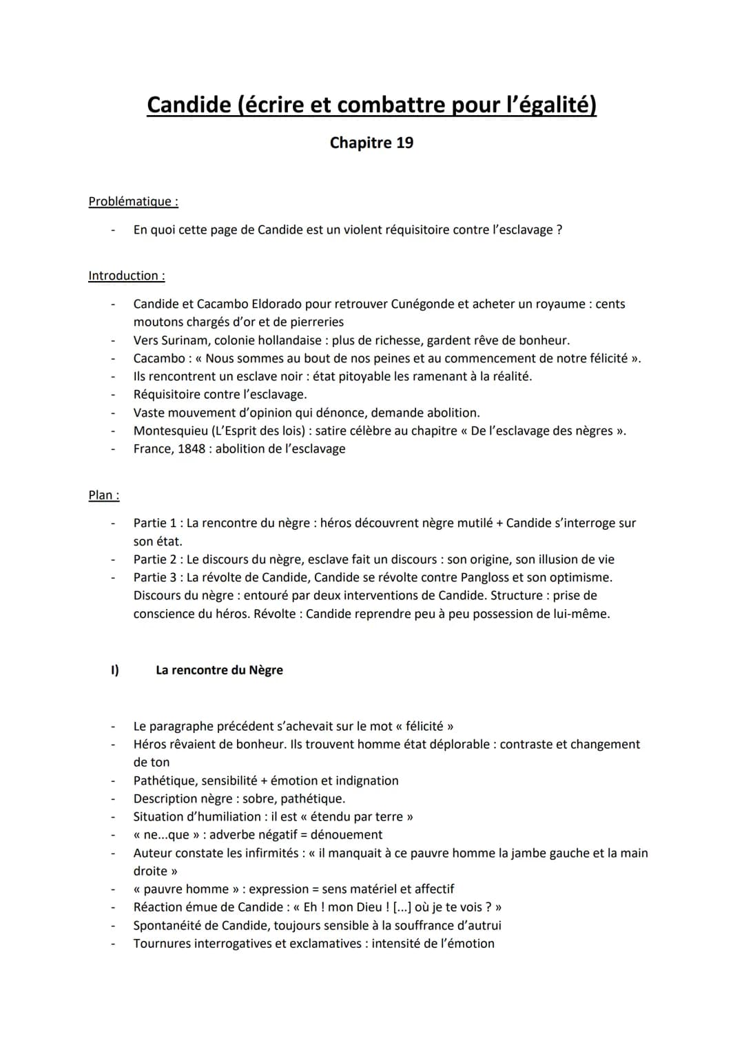 Problématique :
Candide (écrire et combattre pour l'égalité)
Chapitre 19
Plan :
Introduction :
Candide et Cacambo Eldorado pour retrouver Cu