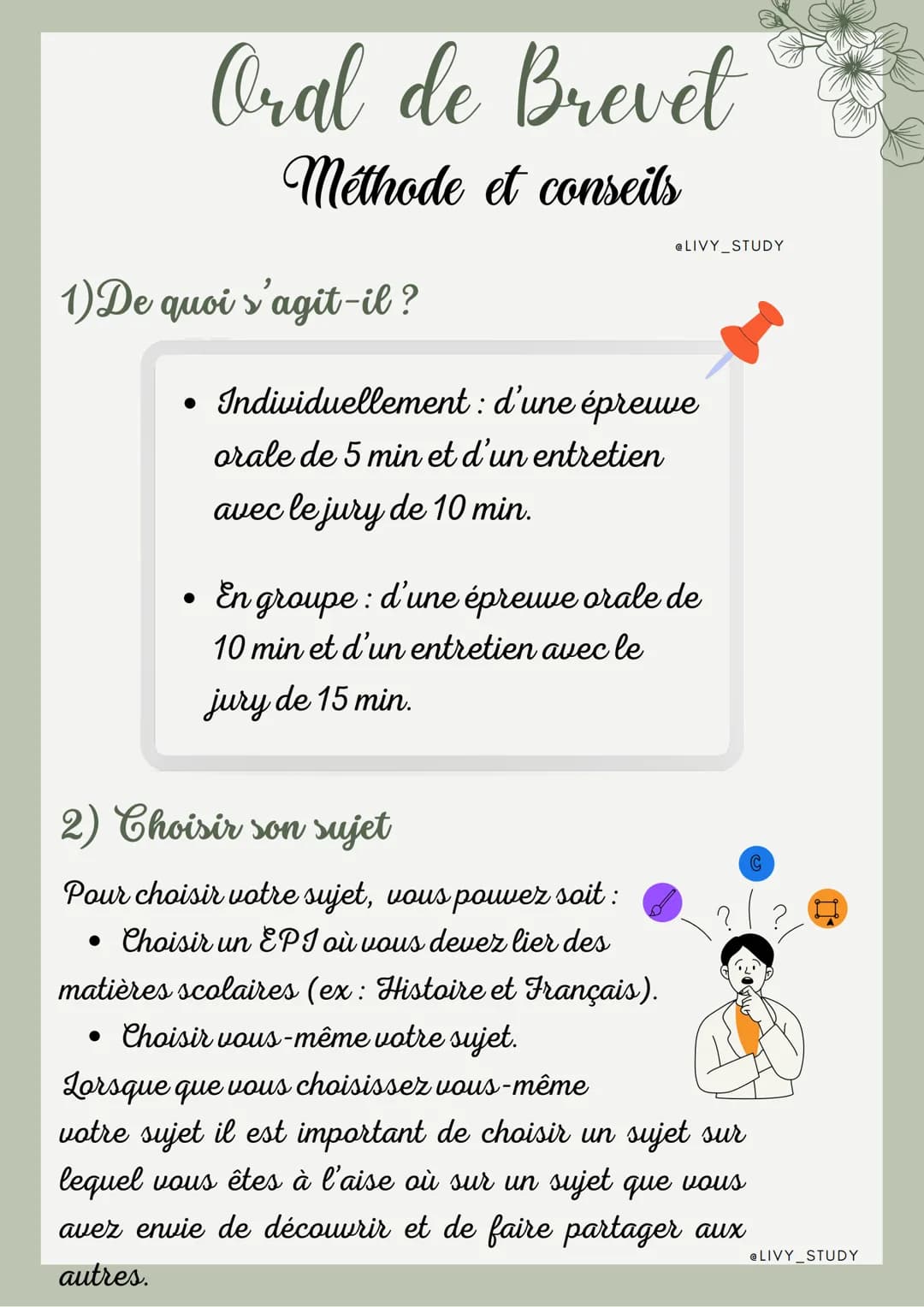 Oral de Brevet
Méthode et conseils
1)De quoi s'agit-il ?
@LIVY STUDY
Individuellement : d'une épreuve
orale de 5 min et d'un entretien
avec 