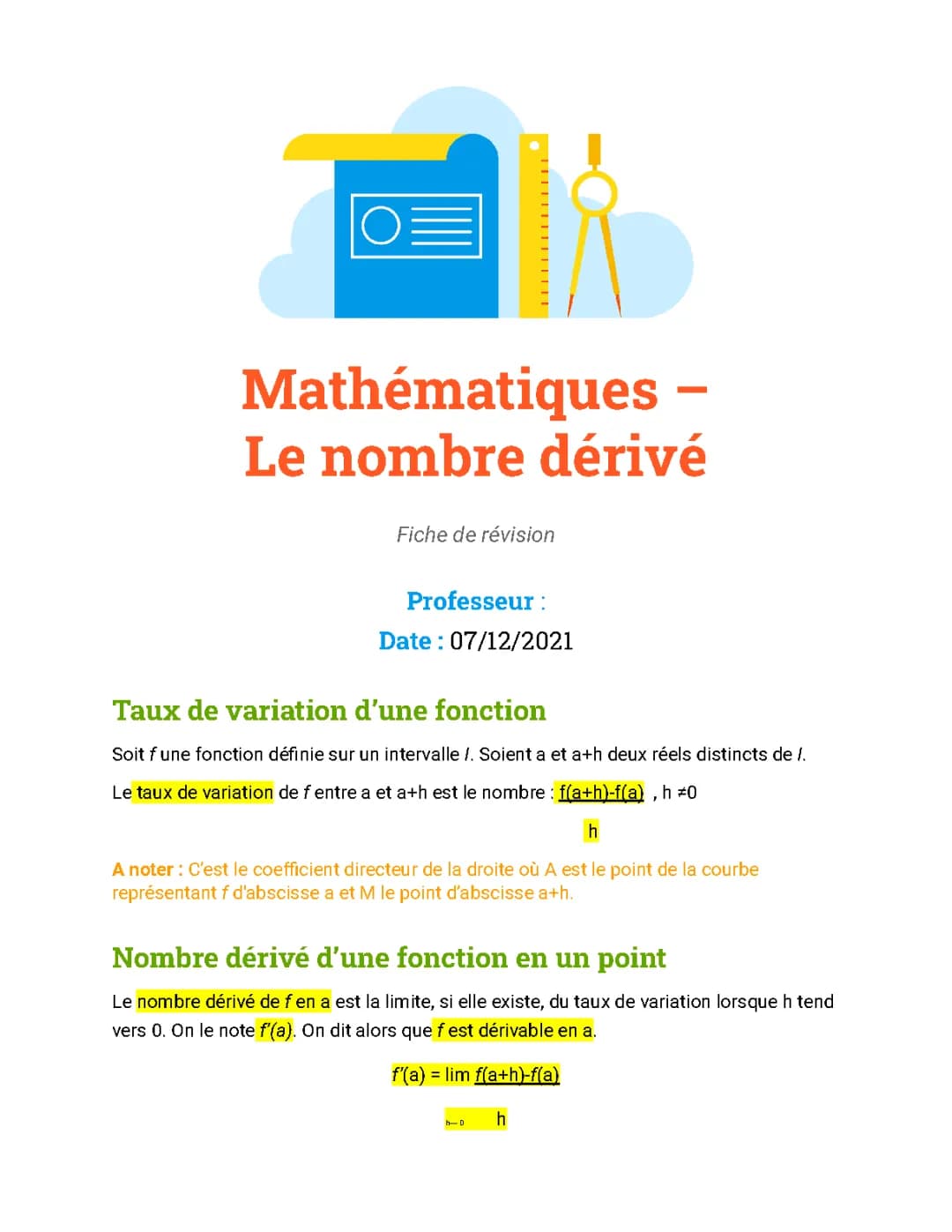 Le nombre dérivé