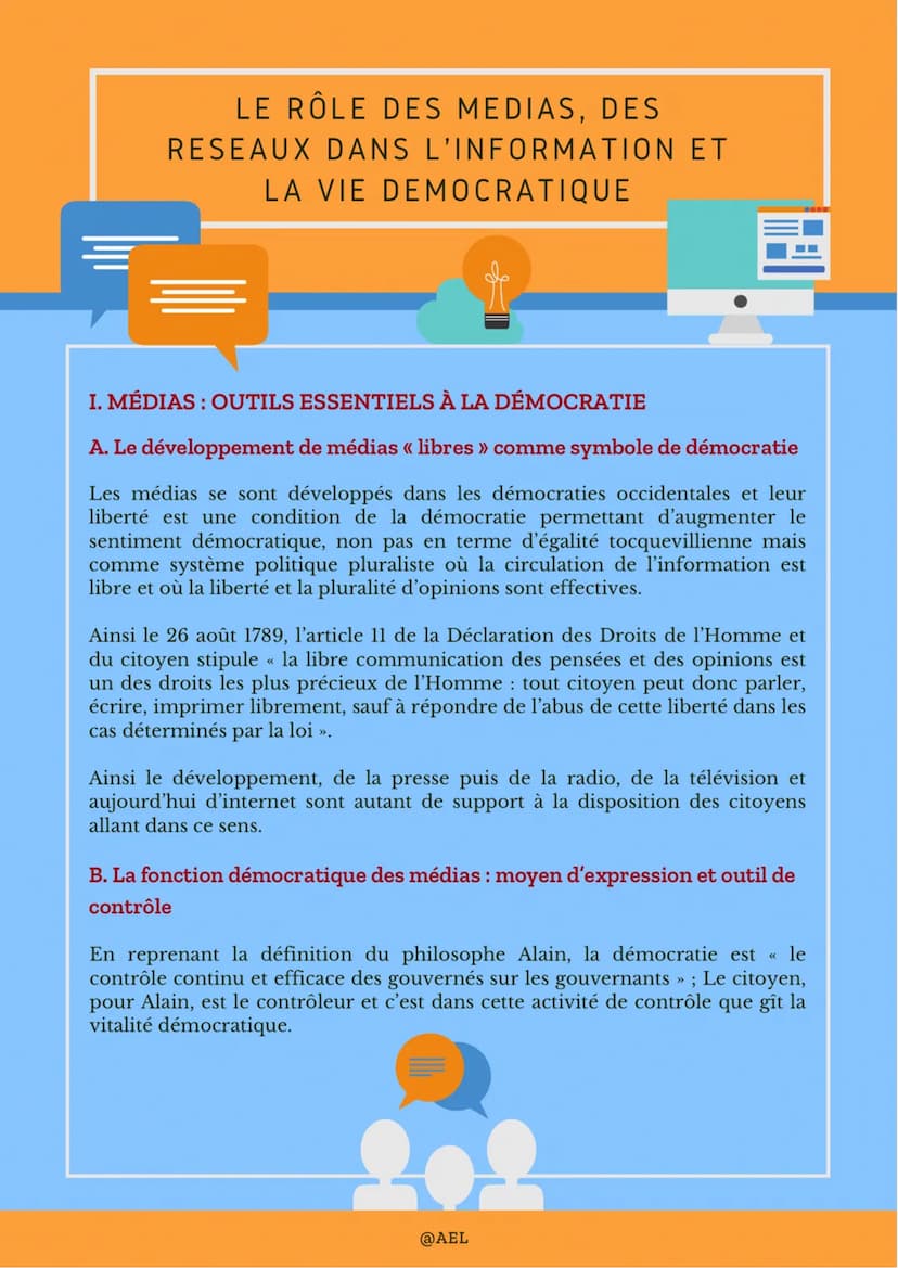 LE RÔLE DES MEDIAS, DES
RESEAUX DANS L'INFORMATION ET
LA VIE DEMOCRATIQUE
I. MÉDIAS: OUTILS ESSENTIELS À LA DÉMOCRATIE
A. Le développement d