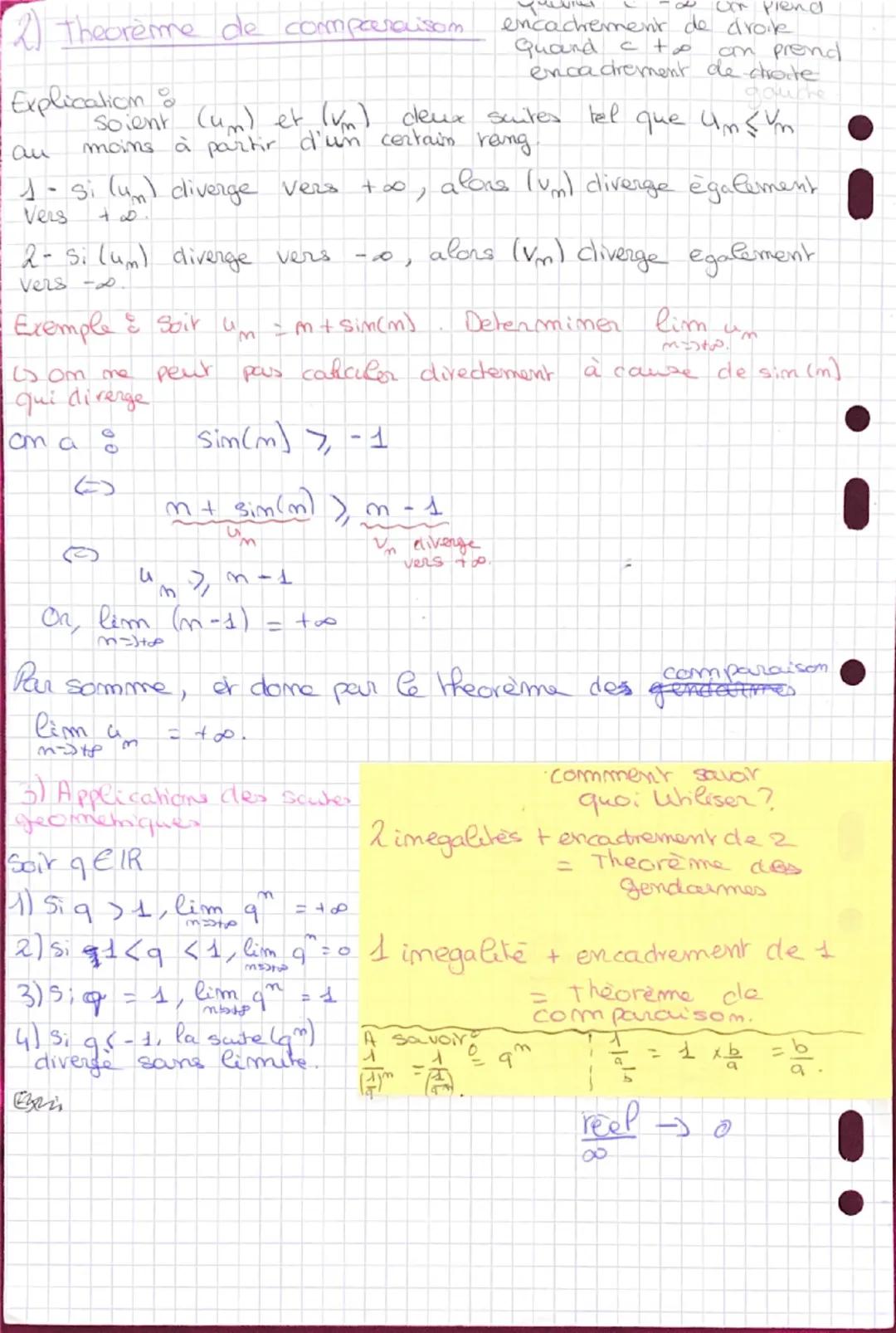 Maths
I-Théorème de convergence
1) Theoreme des gendarmes.
Explication
Soient ($u_m$), ($v_m$) et ($w_m$) trois suites tel que
$u_m ≤ v_m ≤ 