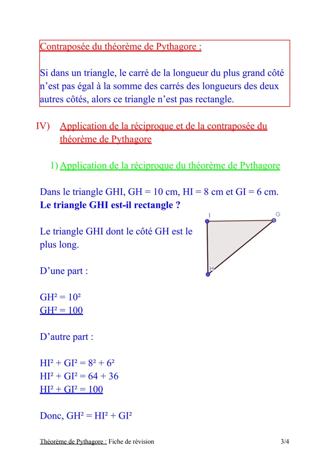 Theoreme de Pythagore
Fiche de révision
I) Théorème de Pythagore
Théorème:
Si un triangle est rectangle, alors le carré de la longueur de
so