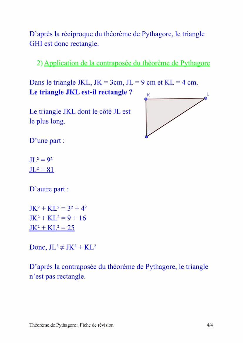 Theoreme de Pythagore
Fiche de révision
I) Théorème de Pythagore
Théorème:
Si un triangle est rectangle, alors le carré de la longueur de
so