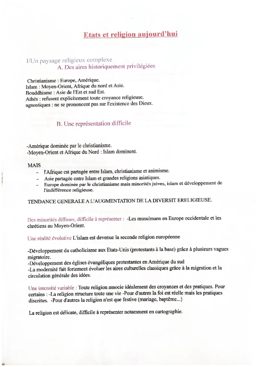 Etats et religion aujourd'hui
I/Un paysage religieux complexe
A. Des aires historiquement privilégiées
Christianisme : Europe, Amérique.
Isl