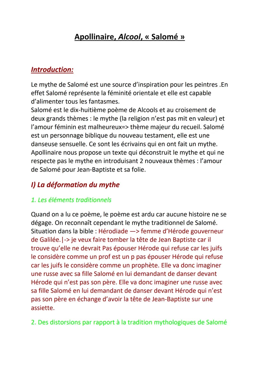 Apollinaire, Alcool, « Salomé »
Introduction:
Le mythe de Salomé est une source d'inspiration pour les peintres .En
effet Salomé représente 