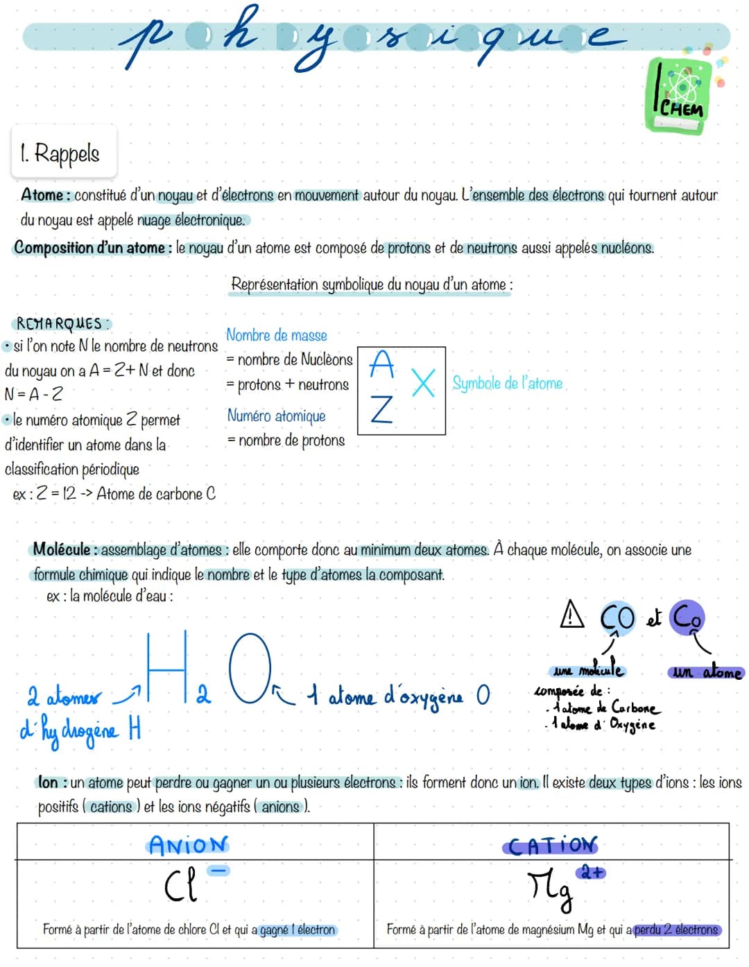 physique
1. Rappels
Atome: constitué d'un noyau et d'électrons en mouvement autour du noyau. L'ensemble des électrons qui tournent autour
du