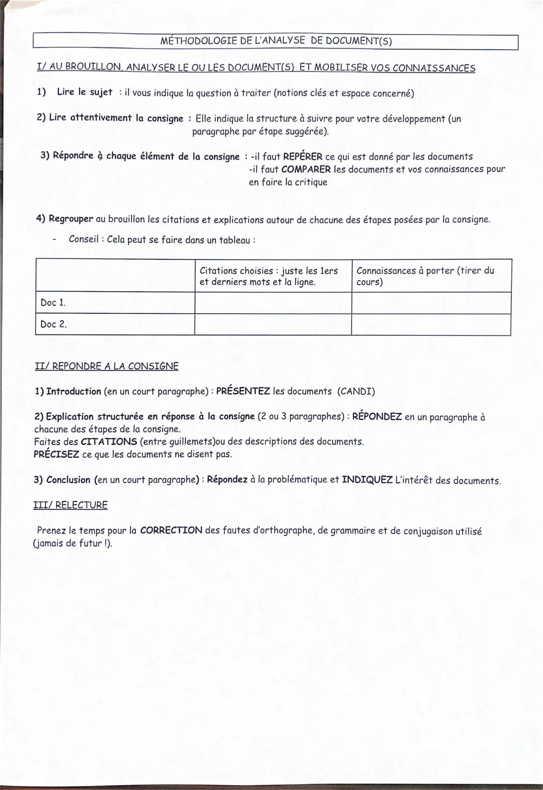 MÉTHODOLOGIE DE L'ANALYSE DE DOCUMENT(S)
I/ AU BROUILLON, ANALYSER LE OU LES DOCUMENT(S) ET MOBILISER VOS CONNAISSANCES
1) Lire le sujet il 