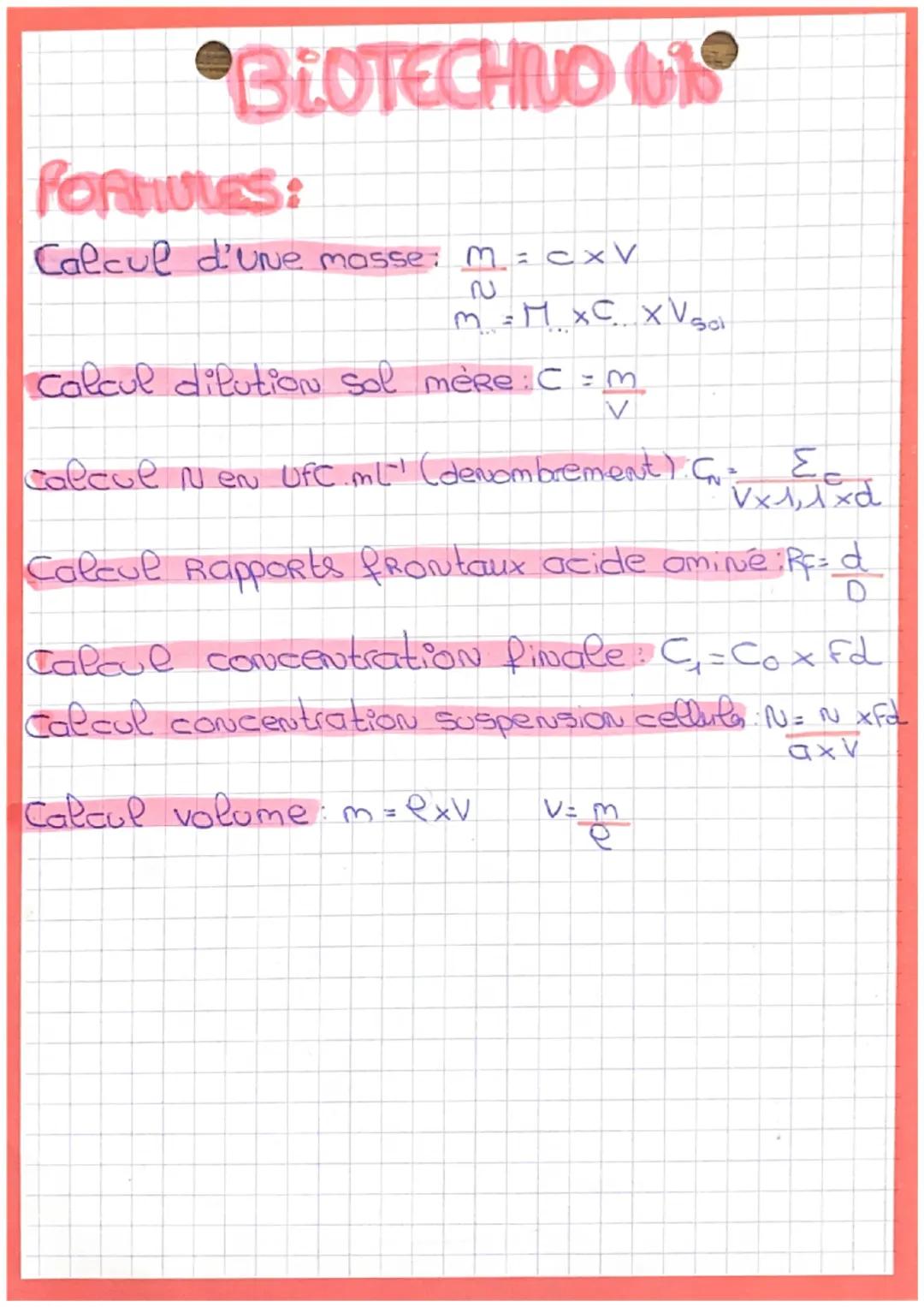 BIOTECHIVO 19
FORMULES:
Calcul d'une masse: M = cx V
2
m = M XC XV sci
Calcul dilution sol mère : C = m
V
G=
Σε
calcul N en UFC mL (deNombre