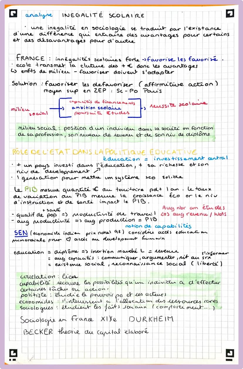 analyse INEGALITE SCOLAIRE
une inegalité en sociologie se traduit par l'existance
d'une différence qui entiaire des avantages pour certains
