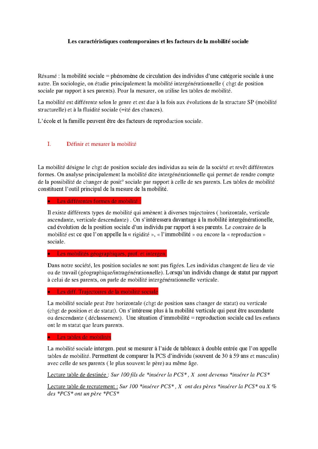 Mobilité sociale SES Terminale PDF - Fiche Révision et Exercices