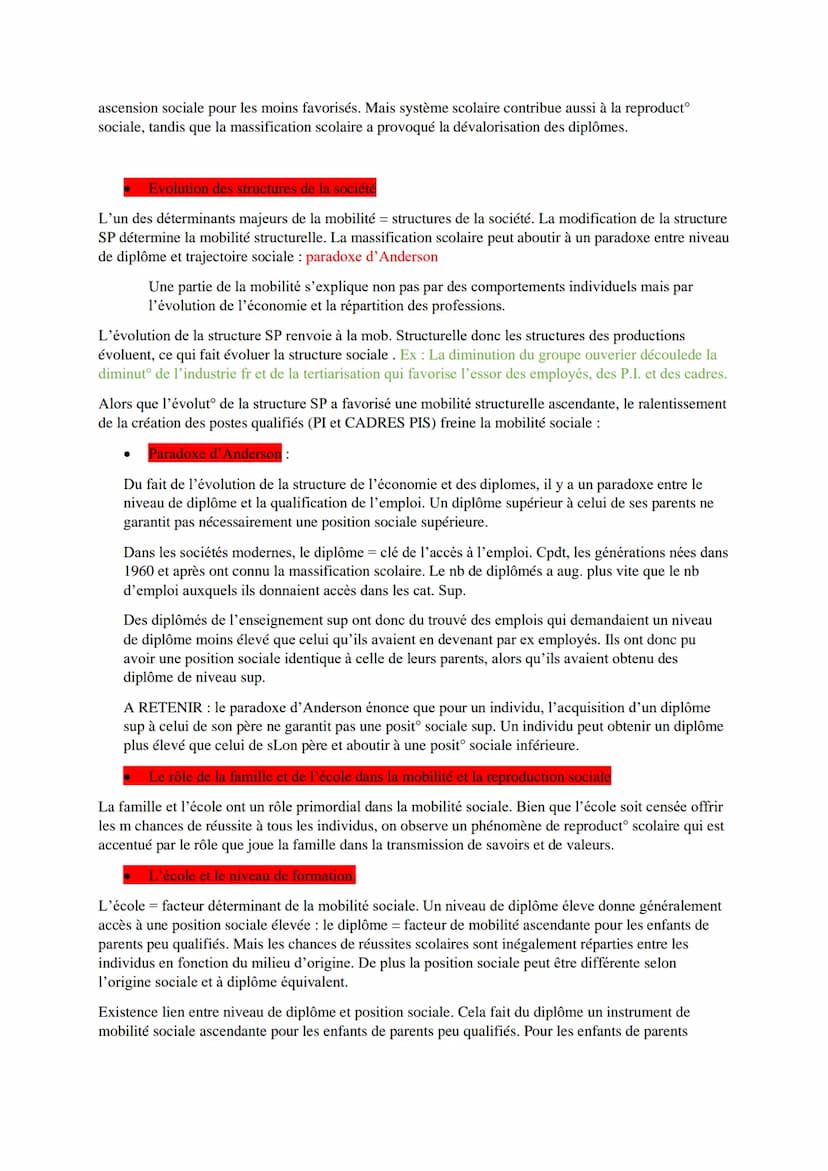 Les caractéristiques contemporaines et les facteurs de la mobilité sociale
Résumé : la mobilité sociale = phénomène de circulation des indiv