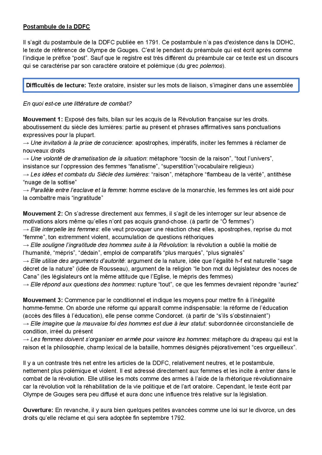 Résumé PDF du Postambule d'Olympe de Gouges - Fiche de lecture de la Déclaration des Droits de la Femme