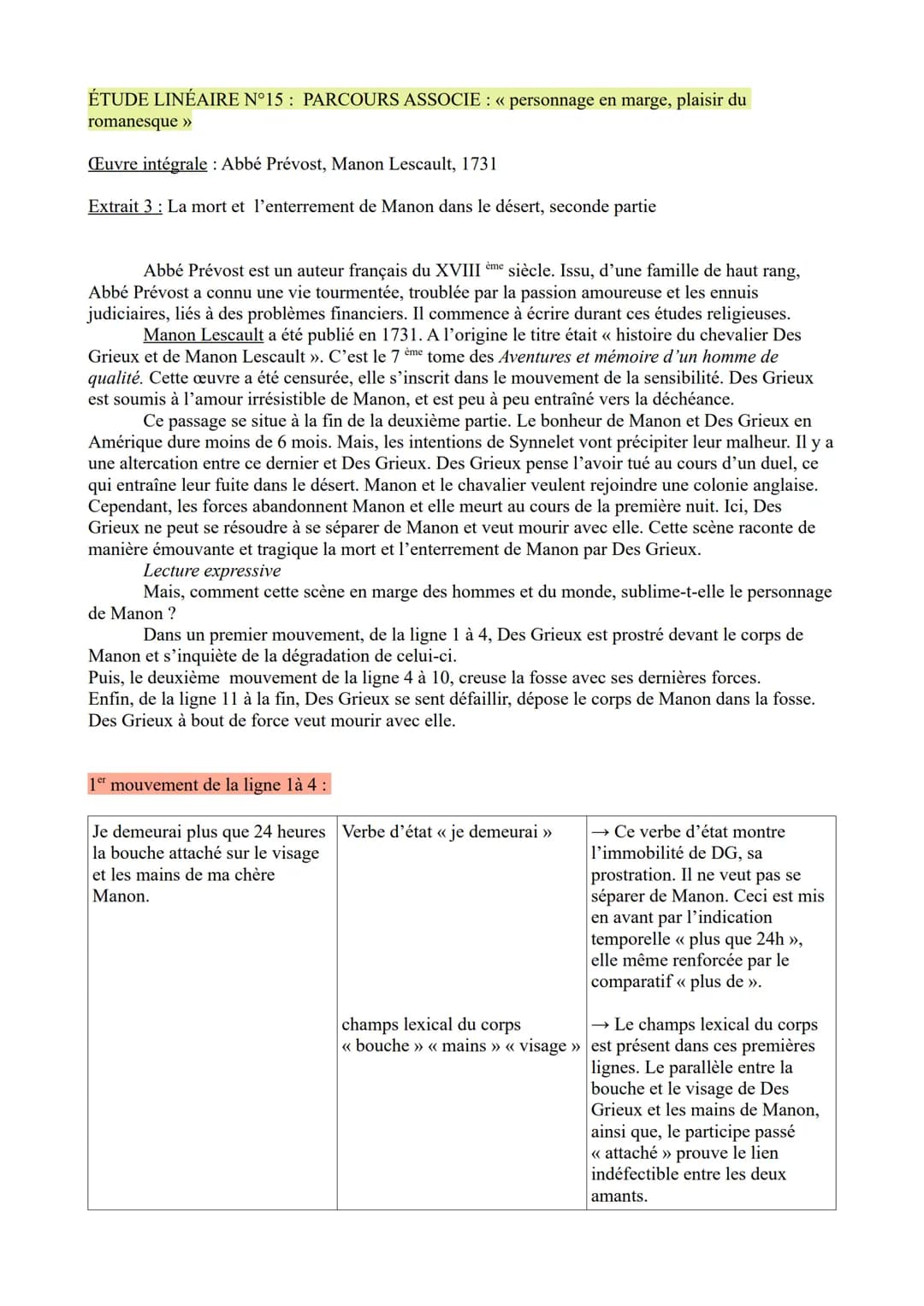 ÉTUDE LINÉAIRE N°15: PARCOURS ASSOCIE : « personnage en marge, plaisir du
romanesque >>
ŒŒuvre intégrale: Abbé Prévost, Manon Lescault, 1731