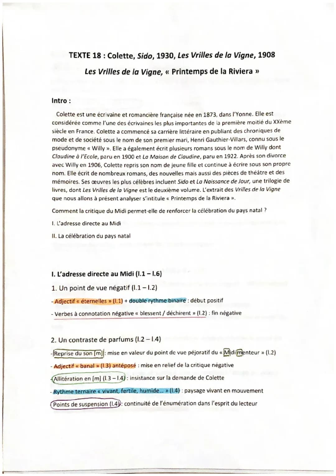 analyse linéaire d’un extrait « Printemps de la Riviera » des Vrilles de la Vigne